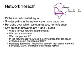 Paths are not created equal Shorter paths in the network are more important Horizons over which we cannot see, nor influence.  Key paths in networks are 1 and 2 steps Who is in your network neighborhood?  Who are you aware of Who can you reach? In the network above, who is the only person that can reach everyone else in two steps or less? Boundary Spanners - Nodes that connect their group to others Fernando, Garth, and Heather  centralized network Network ‘Reach’ 