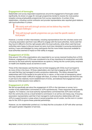 Many Hands: Londoners, work and the voluntary and community sector Page 23
Engagement of boroughs
Stakeholder and survey respondent experiences around the engagement of boroughs varied
significantly. As shown on page 20, borough programmes tended to receive the most positive
reception among employability programmes from survey respondents. A number of key
stakeholders, including a prime contractor and provider representative also reported good relations
with local authorities in London.
“We mainly work with borough services and we believe they meet the
principal challenges.”
“Only with borough specific programmes can you meet the specific needs of
local people.”
However, a number of other interviewees, including representatives from the voluntary sector and
a housing association said that it was difficult to engage with the local authorities. Some said that
they found it difficult to find the right people within the local authority, while others said that local
authorities were happy to discuss issues but were much less interested in pursuing practical joint
working. It was acknowledged by many participants that the more limited resources available to
local authorities seemed to impact on their ability to engage.
Engagement of CCGs
Only around 13% of the organisations who responded to our survey received funding from a CCG.
However, engagement of CCGs was considered to be of key importance for employment and skills
services by the local authority representatives we spoke to, linking into the current policy emphasis
on health and disability issues as barriers to work.
Three of the interviewees said that they had not tried engaging with CCGs much but hoped to
do more of this in the future. Of those stakeholders who had tried engaging with the CCG, only
one said that they had managed to build a productive relationship. The others stressed that
relationships with CCGs tended to be quite ad hoc in nature, or that a lack of transparency about
how they worked made it difficult to engage with them. A number of respondents said that this was
in part due to the relatively recent establishment of CCGs, and believed that engagement would
improve as CCGs became more settled in.
Engagement of JCPs
We did not specifically ask about the engagement of JCPs in the interviews or survey, but a
number of key stakeholders commented on JCPs spontaneously. These responses were generally
negative. For instance, one local authority representative commented that JCPs were removed
from the community and as a result tended to commission in an ad hoc and messy way. A housing
association representative said that it had managed to build productive relationships with local
JCPs to support tenants in areas where it owned properties out of London, but the norm in London
was for the JCPs to ignore these potential partnerships.
However, as one stakeholder pointed out, it is likely that the co-location of JCP with other services
will support greater integration of services.
 