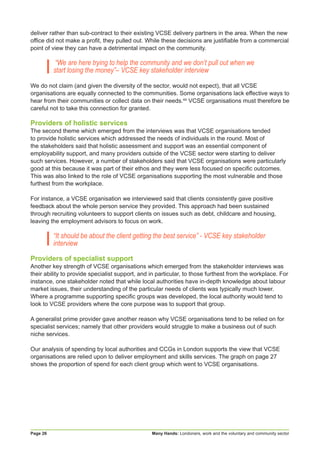 Many Hands: Londoners, work and the voluntary and community sectorPage 26
deliver rather than sub-contract to their existing VCSE delivery partners in the area. When the new
office did not make a profit, they pulled out. While these decisions are justifiable from a commercial
point of view they can have a detrimental impact on the community.
“We are here trying to help the community and we don’t pull out when we
start losing the money”– VCSE key stakeholder interview
We do not claim (and given the diversity of the sector, would not expect), that all VCSE
organisations are equally connected to the communities. Some organisations lack effective ways to
hear from their communities or collect data on their needs.44
VCSE organisations must therefore be
careful not to take this connection for granted.
Providers of holistic services
The second theme which emerged from the interviews was that VCSE organisations tended
to provide holistic services which addressed the needs of individuals in the round. Most of
the stakeholders said that holistic assessment and support was an essential component of
employability support, and many providers outside of the VCSE sector were starting to deliver
such services. However, a number of stakeholders said that VCSE organisations were particularly
good at this because it was part of their ethos and they were less focused on specific outcomes.
This was also linked to the role of VCSE organisations supporting the most vulnerable and those
furthest from the workplace.
For instance, a VCSE organisation we interviewed said that clients consistently gave positive
feedback about the whole person service they provided. This approach had been sustained
through recruiting volunteers to support clients on issues such as debt, childcare and housing,
leaving the employment advisors to focus on work.
“It should be about the client getting the best service” - VCSE key stakeholder
interview
Providers of specialist support
Another key strength of VCSE organisations which emerged from the stakeholder interviews was
their ability to provide specialist support, and in particular, to those furthest from the workplace. For
instance, one stakeholder noted that while local authorities have in-depth knowledge about labour
market issues, their understanding of the particular needs of clients was typically much lower.
Where a programme supporting specific groups was developed, the local authority would tend to
look to VCSE providers where the core purpose was to support that group.
A generalist prime provider gave another reason why VCSE organisations tend to be relied on for
specialist services; namely that other providers would struggle to make a business out of such
niche services.
Our analysis of spending by local authorities and CCGs in London supports the view that VCSE
organisations are relied upon to deliver employment and skills services. The graph on page 27
shows the proportion of spend for each client group which went to VCSE organisations.
 