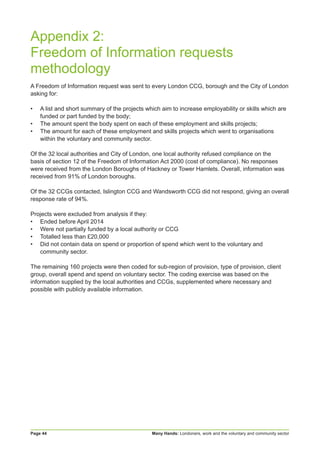 Many Hands: Londoners, work and the voluntary and community sectorPage 44
Appendix 2:
Freedom of Information requests
methodology
A Freedom of Information request was sent to every London CCG, borough and the City of London
asking for:
•	 A list and short summary of the projects which aim to increase employability or skills which are
funded or part funded by the body;
•	 The amount spent the body spent on each of these employment and skills projects;
•	 The amount for each of these employment and skills projects which went to organisations
within the voluntary and community sector.
Of the 32 local authorities and City of London, one local authority refused compliance on the
basis of section 12 of the Freedom of Information Act 2000 (cost of compliance). No responses
were received from the London Boroughs of Hackney or Tower Hamlets. Overall, information was
received from 91% of London boroughs.
Of the 32 CCGs contacted, Islington CCG and Wandsworth CCG did not respond, giving an overall
response rate of 94%.
Projects were excluded from analysis if they:
•	 Ended before April 2014
•	 Were not partially funded by a local authority or CCG
•	 Totalled less than £20,000
•	 Did not contain data on spend or proportion of spend which went to the voluntary and
community sector.
The remaining 160 projects were then coded for sub-region of provision, type of provision, client
group, overall spend and spend on voluntary sector. The coding exercise was based on the
information supplied by the local authorities and CCGs, supplemented where necessary and
possible with publicly available information.
 