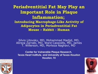 Periadventitial Fat May Play an
Important Role in Plaque
Inflammation;
Introducing Macrophage-Like Activity of
Adipocytes in Periadventitial Fat
Mouse – Rabbit - Human
Silvio Litovsky, MD, Mohammad Madjid, MD,
Alireza Zarrabi, MD, Ward Casscells, MD, James
T. Willerson, MD, Morteza Naghavi, MD
Center for Vulnerable Plaque Research,
Texas Heart Institute, and University of Texas-Houston
Houston, TX
 