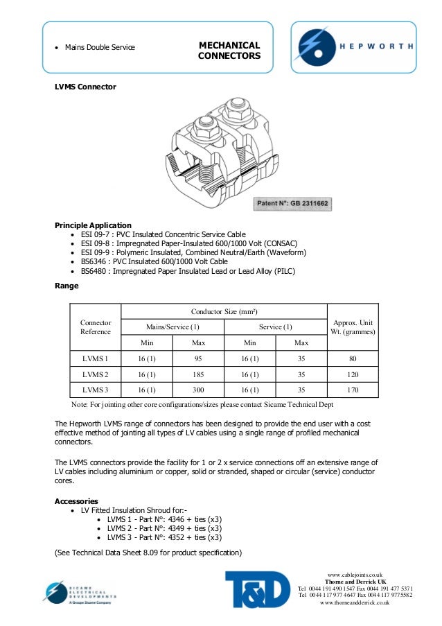 LV Straight & Mains Service Cable Jointing Connectors Utilities