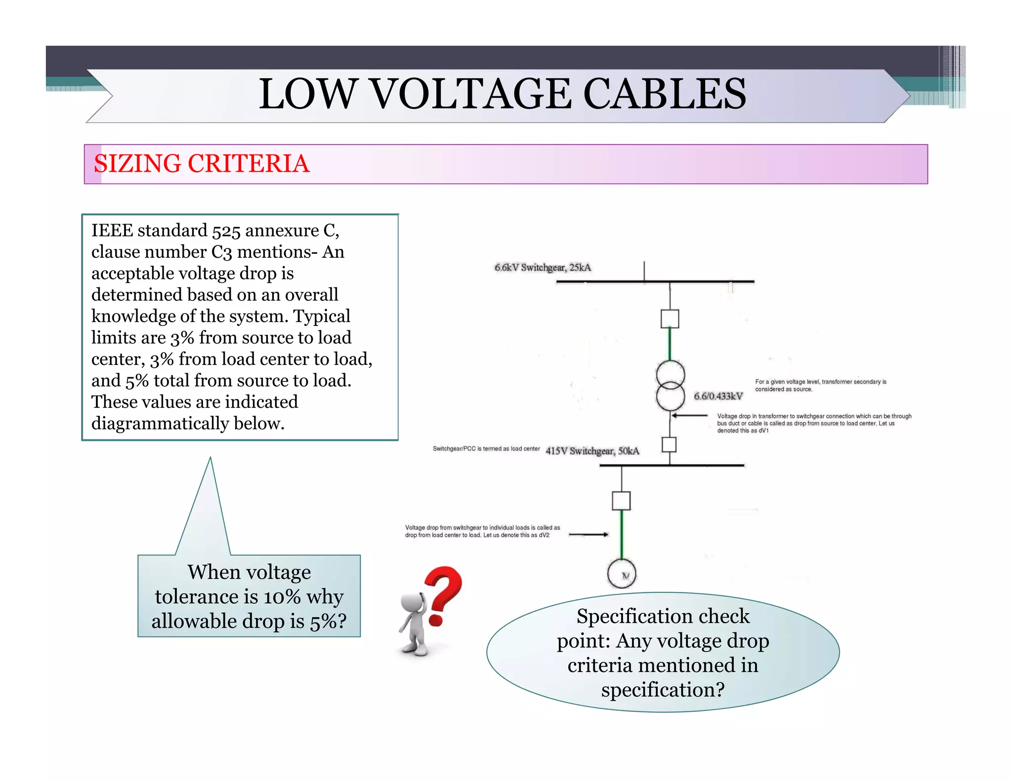 LOW VOLTAGE CABLES
SIZING CRITERIA
IEEE standard 525 annexure C,
clause number C3 mentions- An
acceptable voltage drop is
determined based on an overall
knowledge of the system. Typical
limits are 3% from source to load
center, 3% from load center to load,
and 5% total from source to load.
These values are indicated
diagrammatically below.
When voltage
tolerance is 10% why
allowable drop is 5%? Specification check
point: Any voltage drop
criteria mentioned in
specification?
 