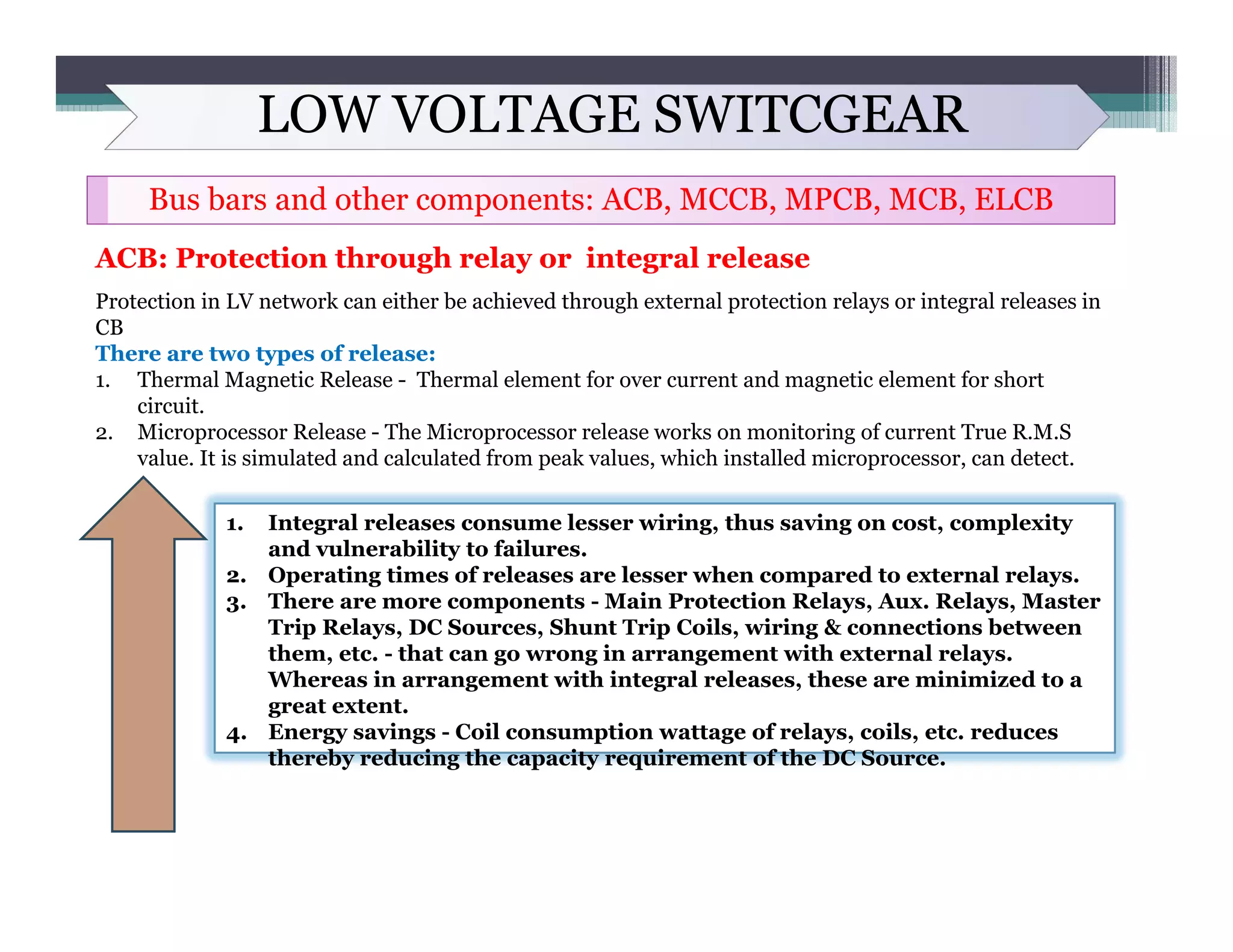 LOW VOLTAGE SWITCGEAR
Bus bars and other components: ACB, MCCB, MPCB, MCB, ELCB
ACB: Protection through relay or integral release
Protection in LV network can either be achieved through external protection relays or integral releases in
CB
There are two types of release:
1. Thermal Magnetic Release - Thermal element for over current and magnetic element for short
circuit.
2. Microprocessor Release - The Microprocessor release works on monitoring of current True R.M.S
value. It is simulated and calculated from peak values, which installed microprocessor, can detect.
1. Integral releases consume lesser wiring, thus saving on cost, complexity
and vulnerability to failures.
2. Operating times of releases are lesser when compared to external relays.
3. There are more components - Main Protection Relays, Aux. Relays, Master
Trip Relays, DC Sources, Shunt Trip Coils, wiring & connections between
them, etc. - that can go wrong in arrangement with external relays.
Whereas in arrangement with integral releases, these are minimized to a
great extent.
4. Energy savings - Coil consumption wattage of relays, coils, etc. reduces
thereby reducing the capacity requirement of the DC Source.
 