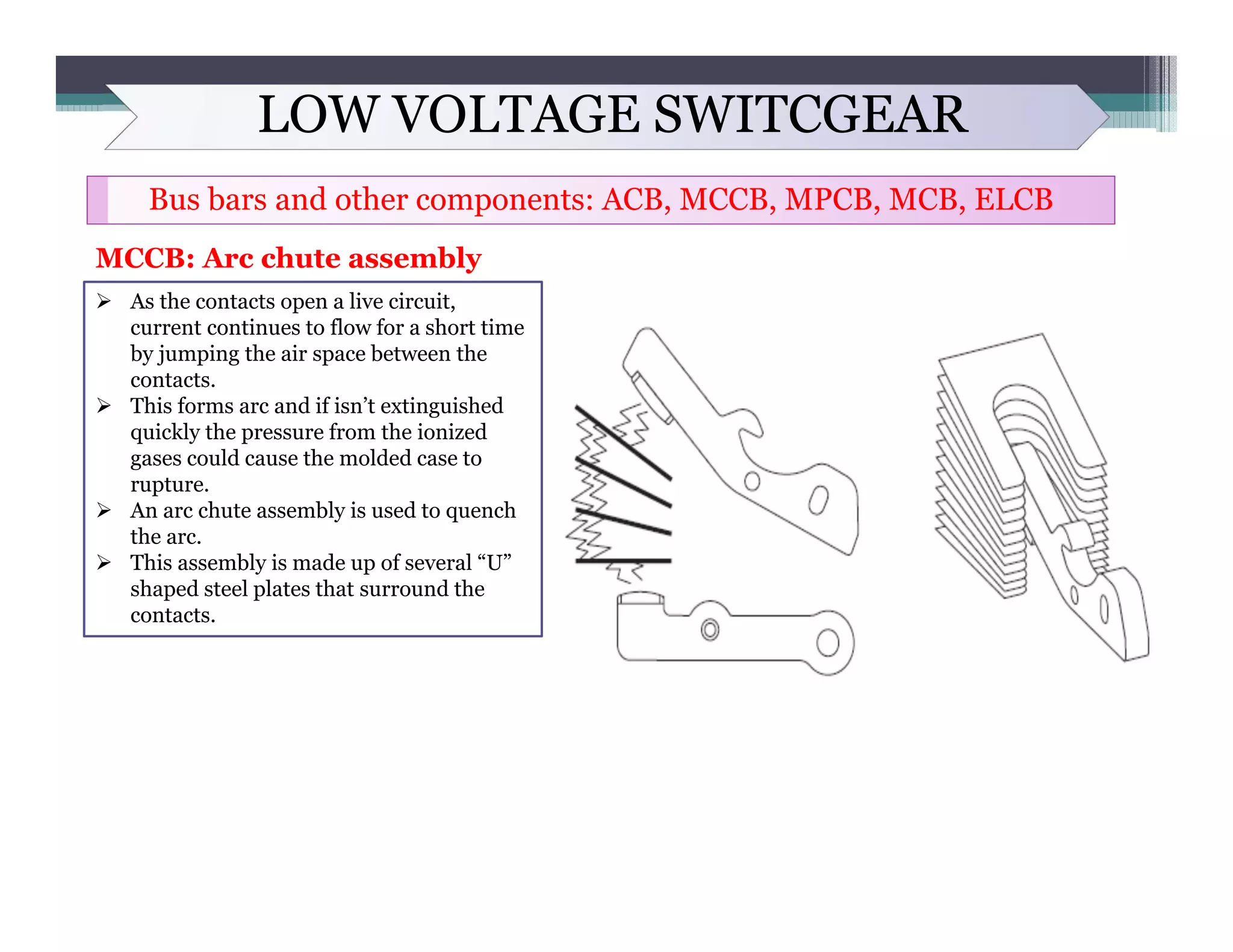 LOW VOLTAGE SWITCGEAR
Bus bars and other components: ACB, MCCB, MPCB, MCB, ELCB
MCCB: Arc chute assembly
 As the contacts open a live circuit,
current continues to flow for a short time
by jumping the air space between the
contacts.
 This forms arc and if isn’t extinguished
quickly the pressure from the ionized
gases could cause the molded case to
rupture.
 An arc chute assembly is used to quench
the arc.
 This assembly is made up of several “U”
shaped steel plates that surround the
contacts.
 