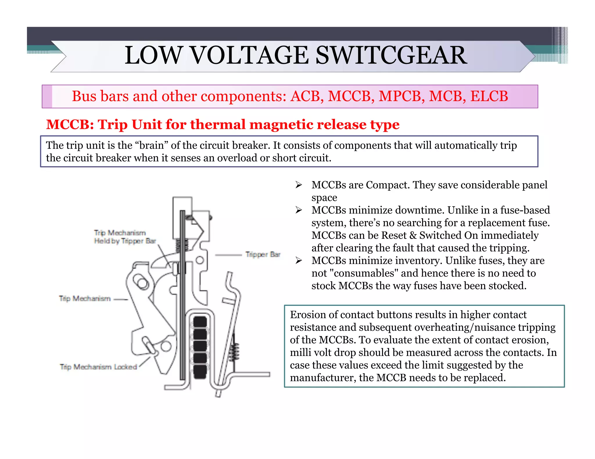 LOW VOLTAGE SWITCGEAR
Bus bars and other components: ACB, MCCB, MPCB, MCB, ELCB
MCCB: Trip Unit for thermal magnetic release type
The trip unit is the “brain” of the circuit breaker. It consists of components that will automatically trip
the circuit breaker when it senses an overload or short circuit.
 MCCBs are Compact. They save considerable panel
space
 MCCBs minimize downtime. Unlike in a fuse-based
system, there’s no searching for a replacement fuse.
MCCBs can be Reset & Switched On immediately
after clearing the fault that caused the tripping.
 MCCBs minimize inventory. Unlike fuses, they are
not "consumables" and hence there is no need to
stock MCCBs the way fuses have been stocked.
Erosion of contact buttons results in higher contact
resistance and subsequent overheating/nuisance tripping
of the MCCBs. To evaluate the extent of contact erosion,
milli volt drop should be measured across the contacts. In
case these values exceed the limit suggested by the
manufacturer, the MCCB needs to be replaced.
 