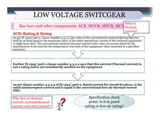 LOW VOLTAGE SWITCGEAR
Bus bars and other components: ACB, MCCB, MPCB, MCB, ELCB
ACB: Rating & Sizing
As per clause number ...