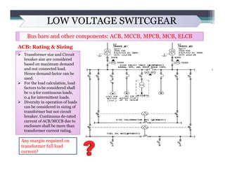 LOW VOLTAGE SWITCGEAR
Bus bars and other components: ACB, MCCB, MPCB, MCB, ELCB
ACB: Rating & Sizing
 Transformer size an...