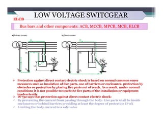 LOW VOLTAGE SWITCGEAR
Bus bars and other components: ACB, MCCB, MPCB, MCB, ELCB
ELCB
 Protection against direct contact e...