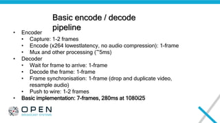 Basic encode / decode
pipeline
• Encoder
• Capture: 1-2 frames
• Encode (x264 lowestlatency, no audio compression): 1-fram...