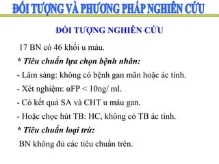 17 BN có 46 khối u máu.
* Tiêu chuẩn lựa chọn bệnh nhân:
- Lâm sàng: không có bệnh gan mãn hoặc ác tính.
- Xét nghiệm: αFP < 10ng/ ml.
- Có kết quả SA và CHT u máu gan.
- Hoặc chọc hút TB: HC, không có TB ác tính.
* Tiêu chuẩn loại trừ:
BN không đủ các tiêu chuẩn trên.
ĐỐI TƯỢNG NGHIÊN CỨU
 