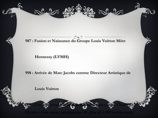 987 : Fusion et Naissance du Groupe Louis Vuitton Möet


     Hennessy (LVMH)


998 : Arrivée de Marc Jacobs comme Directeur Artistique de


     Louis Vuitton


008 : Louis Vuitton fête avec éclat son retour sur les Champs-
Elysées. Une soirée prestigieuse de plus de 1 000 invités aura
 