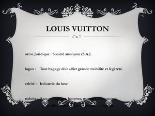 LOUIS VUITTON


orme Juridique : Société anonyme (S.A.)


logan :   Tout bagage doit allier grande mobilité et légèreté.


ctivité : Industrie du luxe


roduits : Sacs et bagages, lunettes, montres, chaussures,
              joaillerie, prêt-à-porter homme et femme
 