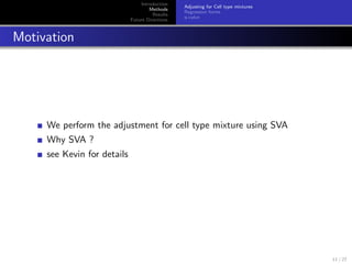 Introduction
Methods
Results
Future Directions
Adjusting for Cell type mixtures
Regression forms
q-value
Motivation
We perform the adjustment for cell type mixture using SVA
Why SVA ?
see Kevin for details
11 / 27
 