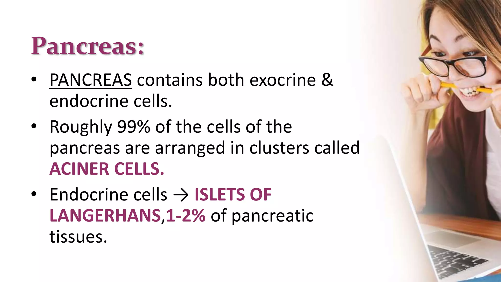 Pancreas:
• PANCREAS contains both exocrine &
endocrine cells.
• Roughly 99% of the cells of the
pancreas are arranged in clusters called
ACINER CELLS.
• Endocrine cells → ISLETS OF
LANGERHANS,1-2% of pancreatic
tissues.
 