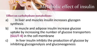 Metabolic effect of insulin
Effect on carbohydrate metabolism:-
a) In liver and muscles insulin increases glycogen
synthesis
b) In muscle and adipose insulin increase glucose
uptake by increasing the number of glucose transporters
(GLUT-4) in the cell membrane
c) In liver insulin inhibits the production of glucose by
inhibiting glucogenolysis and gluconeogenesis
 
