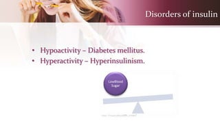 Disorders of insulin
• Hypoactivity – Diabetes mellitus.
• Hyperactivity – Hyperinsulinism.
 