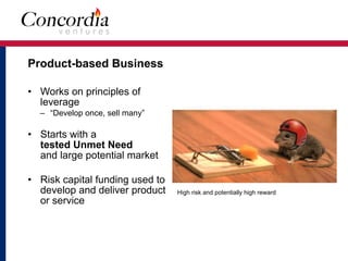 Product-based Business
• Works on principles of
leverage
– “Develop once, sell many”
• Starts with a  
tested Unmet Need  
and large potential market
• Risk capital funding used to
develop and deliver product
or service
High risk and potentially high reward
 