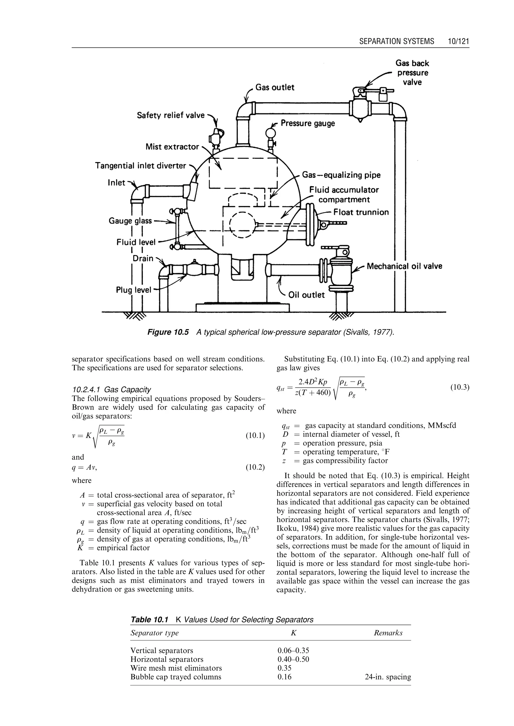 separator specifications based on well stream conditions.
The specifications are used for separator selections.
10.2.4.1 Gas Capacity
The following empirical equations proposed by Souders–
Brown are widely used for calculating gas capacity of
oil/gas separators:
v ¼ K
ﬃﬃﬃﬃﬃﬃﬃﬃﬃﬃﬃﬃﬃﬃﬃﬃ
rL À rg
rg
s
(10:1)
and
q ¼ Av, (10:2)
where
A ¼ total cross-sectional area of separator, ft2
v ¼ superficial gas velocity based on total
cross-sectional area A, ft/sec
q ¼ gas flow rate at operating conditions, ft3
=sec
rL ¼ density of liquid at operating conditions, lbm=ft3
rg ¼ density of gas at operating conditions, lbm=ft3
K ¼ empirical factor
Table 10.1 presents K values for various types of sep-
arators. Also listed in the table are K values used for other
designs such as mist eliminators and trayed towers in
dehydration or gas sweetening units.
Substituting Eq. (10.1) into Eq. (10.2) and applying real
gas law gives
qst ¼
2:4D2
Kp
z(T þ 460)
ﬃﬃﬃﬃﬃﬃﬃﬃﬃﬃﬃﬃﬃﬃﬃﬃ
rL À rg
rg
s
, (10:3)
where
qst ¼ gas capacity at standard conditions, MMscfd
D ¼ internal diameter of vessel, ft
p ¼ operation pressure, psia
T ¼ operating temperature, 8F
z ¼ gas compressibility factor
It should be noted that Eq. (10.3) is empirical. Height
differences in vertical separators and length differences in
horizontal separators are not considered. Field experience
has indicated that additional gas capacity can be obtained
by increasing height of vertical separators and length of
horizontal separators. The separator charts (Sivalls, 1977;
Ikoku, 1984) give more realistic values for the gas capacity
of separators. In addition, for single-tube horizontal ves-
sels, corrections must be made for the amount of liquid in
the bottom of the separator. Although one-half full of
liquid is more or less standard for most single-tube hori-
zontal separators, lowering the liquid level to increase the
available gas space within the vessel can increase the gas
capacity.
Figure 10.5 A typical spherical low-pressure separator (Sivalls, 1977).
Table 10.1 K Values Used for Selecting Separators
Separator type K Remarks
Vertical separators 0.06–0.35
Horizontal separators 0.40–0.50
Wire mesh mist eliminators 0.35
Bubble cap trayed columns 0.16 24-in. spacing
Guo, Boyun / Computer Assited Petroleum Production Engg 0750682701_chap10 Final Proof page 121 4.1.2007 8:26pm Compositor Name: SJoearun
SEPARATION SYSTEMS 10/121
 