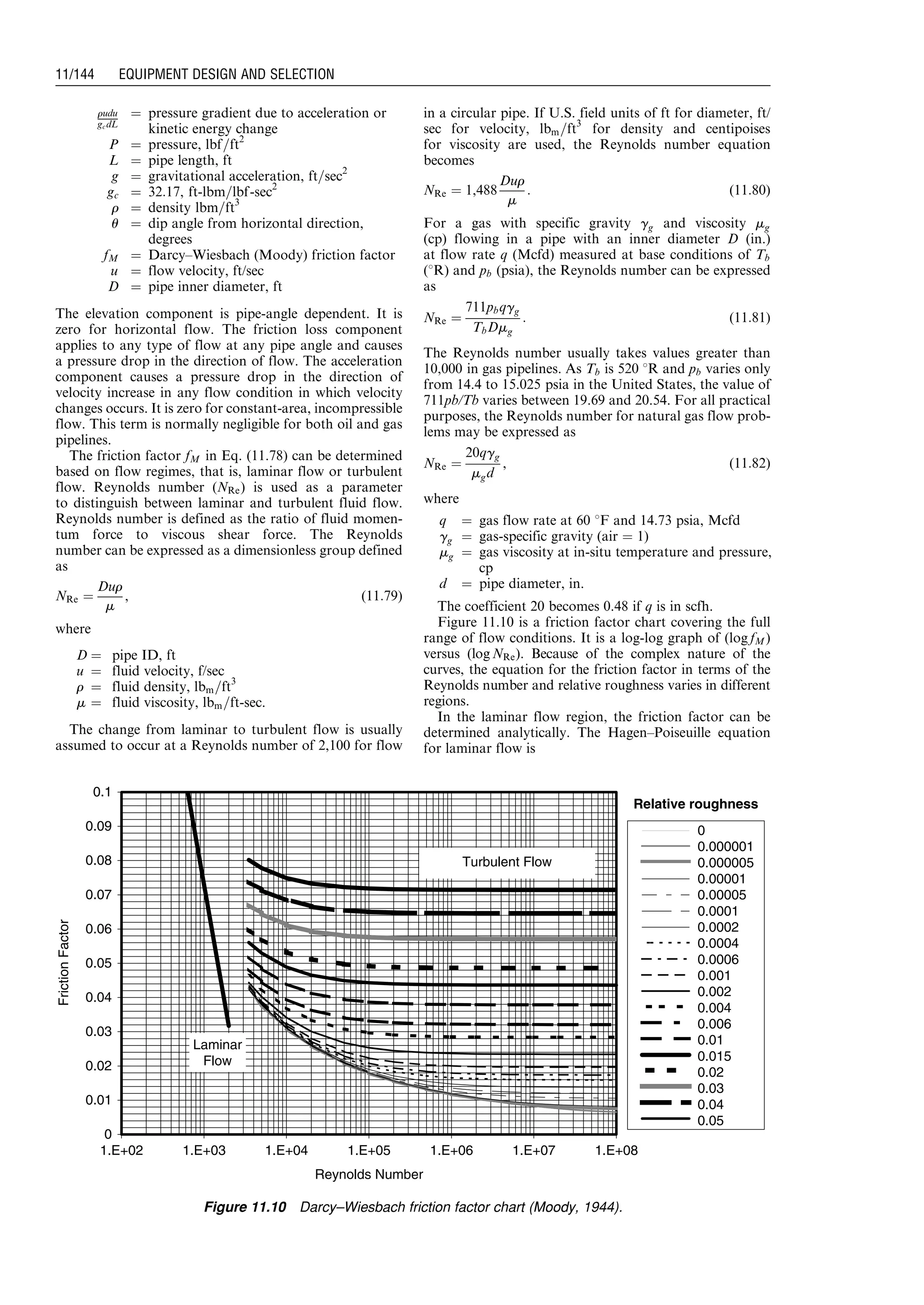 rudu
gcdL
¼ pressure gradient due to acceleration or
kinetic energy change
P ¼ pressure, lbf=ft2
L ¼ pipe length, ft
g ¼ gravitational acceleration, ft=sec2
gc ¼ 32:17, ft-lbm=lbf-sec2
r ¼ density lbm=ft3
u ¼ dip angle from horizontal direction,
degrees
fM ¼ Darcy–Wiesbach (Moody) friction factor
u ¼ flow velocity, ft/sec
D ¼ pipe inner diameter, ft
The elevation component is pipe-angle dependent. It is
zero for horizontal flow. The friction loss component
applies to any type of flow at any pipe angle and causes
a pressure drop in the direction of flow. The acceleration
component causes a pressure drop in the direction of
velocity increase in any flow condition in which velocity
changes occurs. It is zero for constant-area, incompressible
flow. This term is normally negligible for both oil and gas
pipelines.
The friction factor fM in Eq. (11.78) can be determined
based on flow regimes, that is, laminar flow or turbulent
flow. Reynolds number (NRe) is used as a parameter
to distinguish between laminar and turbulent fluid flow.
Reynolds number is defined as the ratio of fluid momen-
tum force to viscous shear force. The Reynolds
number can be expressed as a dimensionless group defined
as
NRe ¼
Dur
m
, (11:79)
where
D ¼ pipe ID, ft
u ¼ fluid velocity, f/sec
r ¼ fluid density, lbm=ft3
m ¼ fluid viscosity, lbm=ft-sec.
The change from laminar to turbulent flow is usually
assumed to occur at a Reynolds number of 2,100 for flow
in a circular pipe. If U.S. field units of ft for diameter, ft/
sec for velocity, lbm=ft3
for density and centipoises
for viscosity are used, the Reynolds number equation
becomes
NRe ¼ 1,488
Dur
m
: (11:80)
For a gas with specific gravity gg and viscosity mg
(cp) flowing in a pipe with an inner diameter D (in.)
at flow rate q (Mcfd) measured at base conditions of Tb
(8R) and pb (psia), the Reynolds number can be expressed
as
NRe ¼
711pbqgg
TbDmg
: (11:81)
The Reynolds number usually takes values greater than
10,000 in gas pipelines. As Tb is 520 8R and pb varies only
from 14.4 to 15.025 psia in the United States, the value of
711pb/Tb varies between 19.69 and 20.54. For all practical
purposes, the Reynolds number for natural gas flow prob-
lems may be expressed as
NRe ¼
20qgg
mgd
, (11:82)
where
q ¼ gas flow rate at 60 8F and 14.73 psia, Mcfd
gg ¼ gas-specific gravity (air ¼ 1)
mg ¼ gas viscosity at in-situ temperature and pressure,
cp
d ¼ pipe diameter, in.
The coefficient 20 becomes 0.48 if q is in scfh.
Figure 11.10 is a friction factor chart covering the full
range of flow conditions. It is a log-log graph of (log fM)
versus (log NRe). Because of the complex nature of the
curves, the equation for the friction factor in terms of the
Reynolds number and relative roughness varies in different
regions.
In the laminar flow region, the friction factor can be
determined analytically. The Hagen–Poiseuille equation
for laminar flow is
0
0.01
0.02
0.03
0.04
0.05
0.06
0.07
0.08
0.09
0.1
1.E+02 1.E+03 1.E+04 1.E+05 1.E+06 1.E+07 1.E+08
Reynolds Number
FrictionFactor
0
0.000001
0.000005
0.00001
0.00005
0.0001
0.0002
0.0004
0.0006
0.001
0.002
0.004
0.006
0.01
0.015
0.02
0.03
0.04
0.05
Laminar
Flow
Relative roughness
Turbulent Flow
Figure 11.10 Darcy–Wiesbach friction factor chart (Moody, 1944).
Guo, Boyun / Computer Assited Petroleum Production Engg 0750682701_chap11 Final Proof page 144 3.1.2007 8:54pm Compositor Name: SJoearun
11/144 EQUIPMENT DESIGN AND SELECTION
 