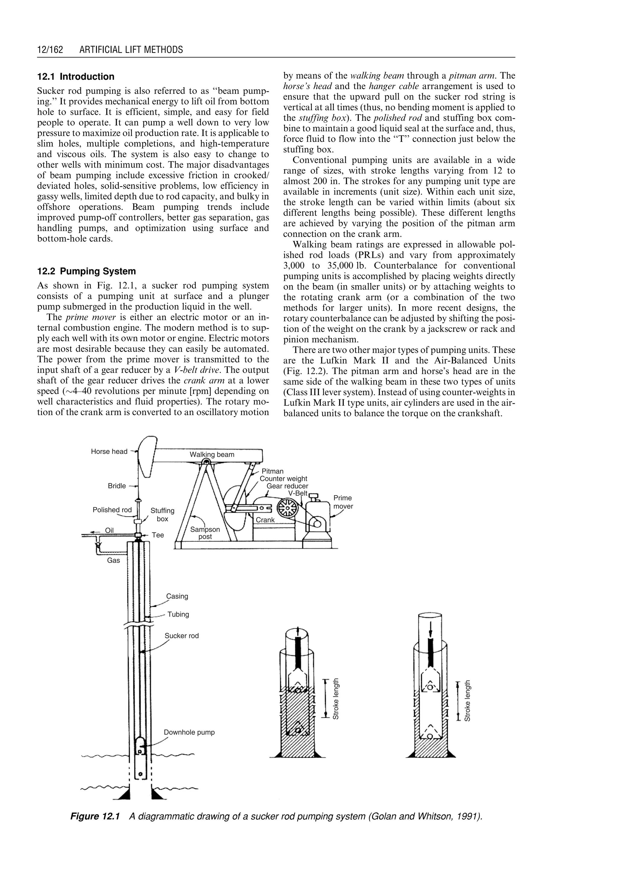 12.1 Introduction
Sucker rod pumping is also referred to as ‘‘beam pump-
ing.’’ It provides mechanical energy to lift oil from bottom
hole to surface. It is efficient, simple, and easy for field
people to operate. It can pump a well down to very low
pressure to maximize oil production rate. It is applicable to
slim holes, multiple completions, and high-temperature
and viscous oils. The system is also easy to change to
other wells with minimum cost. The major disadvantages
of beam pumping include excessive friction in crooked/
deviated holes, solid-sensitive problems, low efficiency in
gassy wells, limited depth due to rod capacity, and bulky in
offshore operations. Beam pumping trends include
improved pump-off controllers, better gas separation, gas
handling pumps, and optimization using surface and
bottom-hole cards.
12.2 Pumping System
As shown in Fig. 12.1, a sucker rod pumping system
consists of a pumping unit at surface and a plunger
pump submerged in the production liquid in the well.
The prime mover is either an electric motor or an in-
ternal combustion engine. The modern method is to sup-
ply each well with its own motor or engine. Electric motors
are most desirable because they can easily be automated.
The power from the prime mover is transmitted to the
input shaft of a gear reducer by a V-belt drive. The output
shaft of the gear reducer drives the crank arm at a lower
speed ($4–40 revolutions per minute [rpm] depending on
well characteristics and fluid properties). The rotary mo-
tion of the crank arm is converted to an oscillatory motion
by means of the walking beam through a pitman arm. The
horse’s head and the hanger cable arrangement is used to
ensure that the upward pull on the sucker rod string is
vertical at all times (thus, no bending moment is applied to
the stuffing box). The polished rod and stuffing box com-
bine to maintain a good liquid seal at the surface and, thus,
force fluid to flow into the ‘‘T’’ connection just below the
stuffing box.
Conventional pumping units are available in a wide
range of sizes, with stroke lengths varying from 12 to
almost 200 in. The strokes for any pumping unit type are
available in increments (unit size). Within each unit size,
the stroke length can be varied within limits (about six
different lengths being possible). These different lengths
are achieved by varying the position of the pitman arm
connection on the crank arm.
Walking beam ratings are expressed in allowable pol-
ished rod loads (PRLs) and vary from approximately
3,000 to 35,000 lb. Counterbalance for conventional
pumping units is accomplished by placing weights directly
on the beam (in smaller units) or by attaching weights to
the rotating crank arm (or a combination of the two
methods for larger units). In more recent designs, the
rotary counterbalance can be adjusted by shifting the posi-
tion of the weight on the crank by a jackscrew or rack and
pinion mechanism.
There are two other major types of pumping units. These
are the Lufkin Mark II and the Air-Balanced Units
(Fig. 12.2). The pitman arm and horse’s head are in the
same side of the walking beam in these two types of units
(Class III lever system). Instead of using counter-weights in
Lufkin Mark II type units, air cylinders are used in the air-
balanced units to balance the torque on the crankshaft.
Pitman
Counter weight
Gear reducer
V-Belt
Prime
mover
Walking beamHorse head
Bridle
Polished rod Stuffing
box
Sampson
post
Crank
Casing
Tubing
Sucker rod
Downhole pump
Strokelength
Strokelength
Oil
Tee
Gas
Figure 12.1 A diagrammatic drawing of a sucker rod pumping system (Golan and Whitson, 1991).
Guo, Boyun / Computer Assited Petroleum Production Engg 0750682701_chap12 Final Proof page 162 4.1.2007 2:43pm Compositor Name: SJoearun
12/162 ARTIFICIAL LIFT METHODS
 