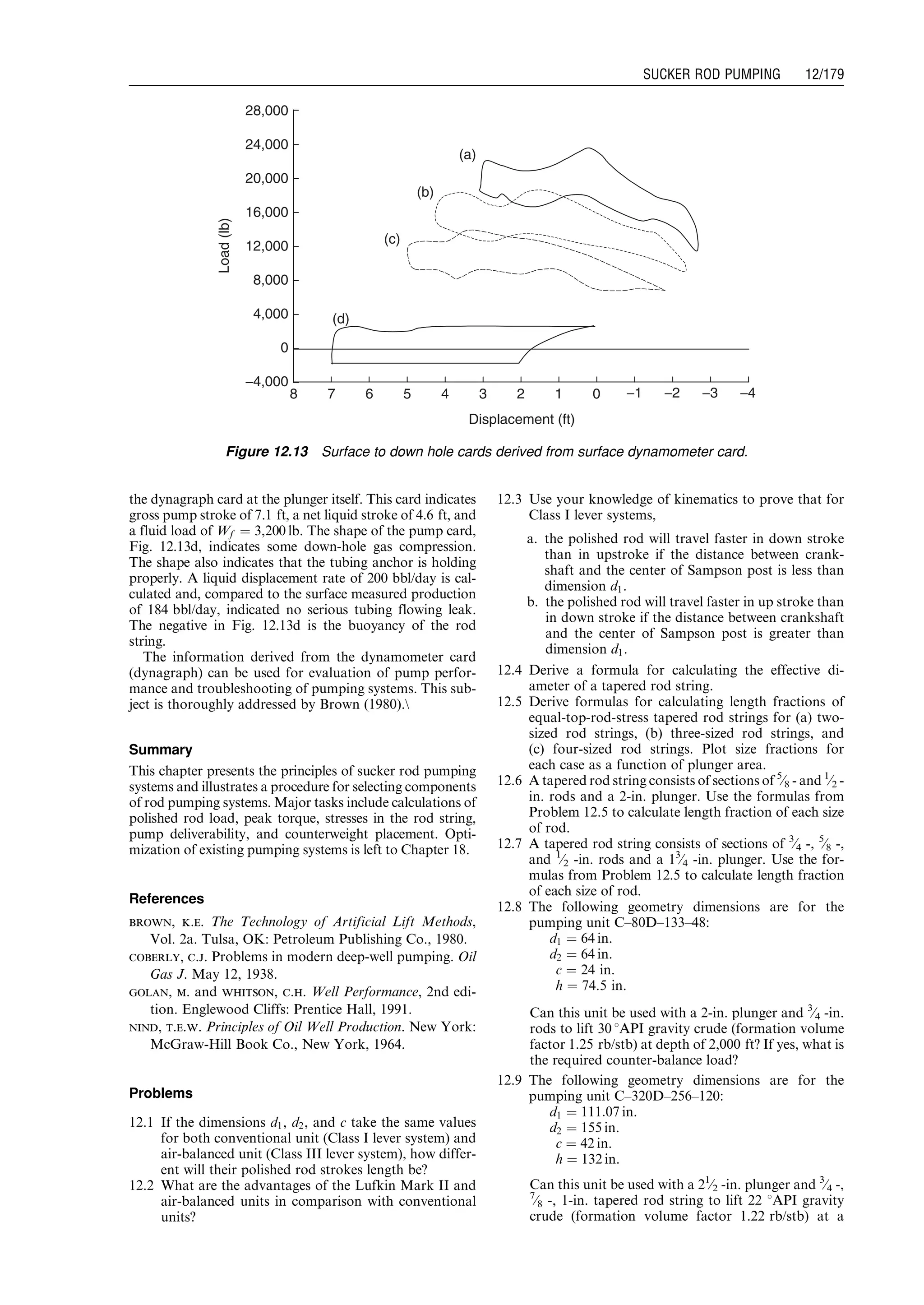 the dynagraph card at the plunger itself. This card indicates
gross pump stroke of 7.1 ft, a net liquid stroke of 4.6 ft, and
a fluid load of Wf ¼ 3,200 lb. The shape of the pump card,
Fig. 12.13d, indicates some down-hole gas compression.
The shape also indicates that the tubing anchor is holding
properly. A liquid displacement rate of 200 bbl/day is cal-
culated and, compared to the surface measured production
of 184 bbl/day, indicated no serious tubing flowing leak.
The negative in Fig. 12.13d is the buoyancy of the rod
string.
The information derived from the dynamometer card
(dynagraph) can be used for evaluation of pump perfor-
mance and troubleshooting of pumping systems. This sub-
ject is thoroughly addressed by Brown (1980).
Summary
This chapter presents the principles of sucker rod pumping
systems and illustrates a procedure for selecting components
of rod pumping systems. Major tasks include calculations of
polished rod load, peak torque, stresses in the rod string,
pump deliverability, and counterweight placement. Opti-
mization of existing pumping systems is left to Chapter 18.
References
brown, k.e. The Technology of Artificial Lift Methods,
Vol. 2a. Tulsa, OK: Petroleum Publishing Co., 1980.
coberly, c.j. Problems in modern deep-well pumping. Oil
Gas J. May 12, 1938.
golan, m. and whitson, c.h. Well Performance, 2nd edi-
tion. Englewood Cliffs: Prentice Hall, 1991.
nind, t.e.w. Principles of Oil Well Production. New York:
McGraw-Hill Book Co., New York, 1964.
Problems
12.1 If the dimensions d1, d2, and c take the same values
for both conventional unit (Class I lever system) and
air-balanced unit (Class III lever system), how differ-
ent will their polished rod strokes length be?
12.2 What are the advantages of the Lufkin Mark II and
air-balanced units in comparison with conventional
units?
12.3 Use your knowledge of kinematics to prove that for
Class I lever systems,
a. the polished rod will travel faster in down stroke
than in upstroke if the distance between crank-
shaft and the center of Sampson post is less than
dimension d1.
b. the polished rod will travel faster in up stroke than
in down stroke if the distance between crankshaft
and the center of Sampson post is greater than
dimension d1.
12.4 Derive a formula for calculating the effective di-
ameter of a tapered rod string.
12.5 Derive formulas for calculating length fractions of
equal-top-rod-stress tapered rod strings for (a) two-
sized rod strings, (b) three-sized rod strings, and
(c) four-sized rod strings. Plot size fractions for
each case as a function of plunger area.
12.6 A tapered rod string consists of sections of 5
⁄8 - and 1
⁄2 -
in. rods and a 2-in. plunger. Use the formulas from
Problem 12.5 to calculate length fraction of each size
of rod.
12.7 A tapered rod string consists of sections of 3
⁄4 -, 5
⁄8 -,
and 1
⁄2 -in. rods and a 13
⁄4 -in. plunger. Use the for-
mulas from Problem 12.5 to calculate length fraction
of each size of rod.
12.8 The following geometry dimensions are for the
pumping unit C–80D–133–48:
d1 ¼ 64 in.
d2 ¼ 64 in.
c ¼ 24 in.
h ¼ 74.5 in.
Can this unit be used with a 2-in. plunger and 3
⁄4 -in.
rods to lift 30 8API gravity crude (formation volume
factor 1.25 rb/stb) at depth of 2,000 ft? If yes, what is
the required counter-balance load?
12.9 The following geometry dimensions are for the
pumping unit C–320D–256–120:
d1 ¼ 111:07 in.
d2 ¼ 155 in.
c ¼ 42 in.
h ¼ 132 in.
Can this unit be used with a 21
⁄2 -in. plunger and 3
⁄4 -,
7
⁄8 -, 1-in. tapered rod string to lift 22 8API gravity
crude (formation volume factor 1.22 rb/stb) at a
−4,000
0
8,000
4,000
16,000
12,000
24,000
20,000
28,000
Load(lb)
(d)
8 7 6 5 4 3 2 1 0 −1 −2 −3 −4
(a)
(b)
(c)
Displacement (ft)
Figure 12.13 Surface to down hole cards derived from surface dynamometer card.
Guo, Boyun / Computer Assited Petroleum Production Engg 0750682701_chap12 Final Proof page 179 4.1.2007 2:43pm Compositor Name: SJoearun
SUCKER ROD PUMPING 12/179
 