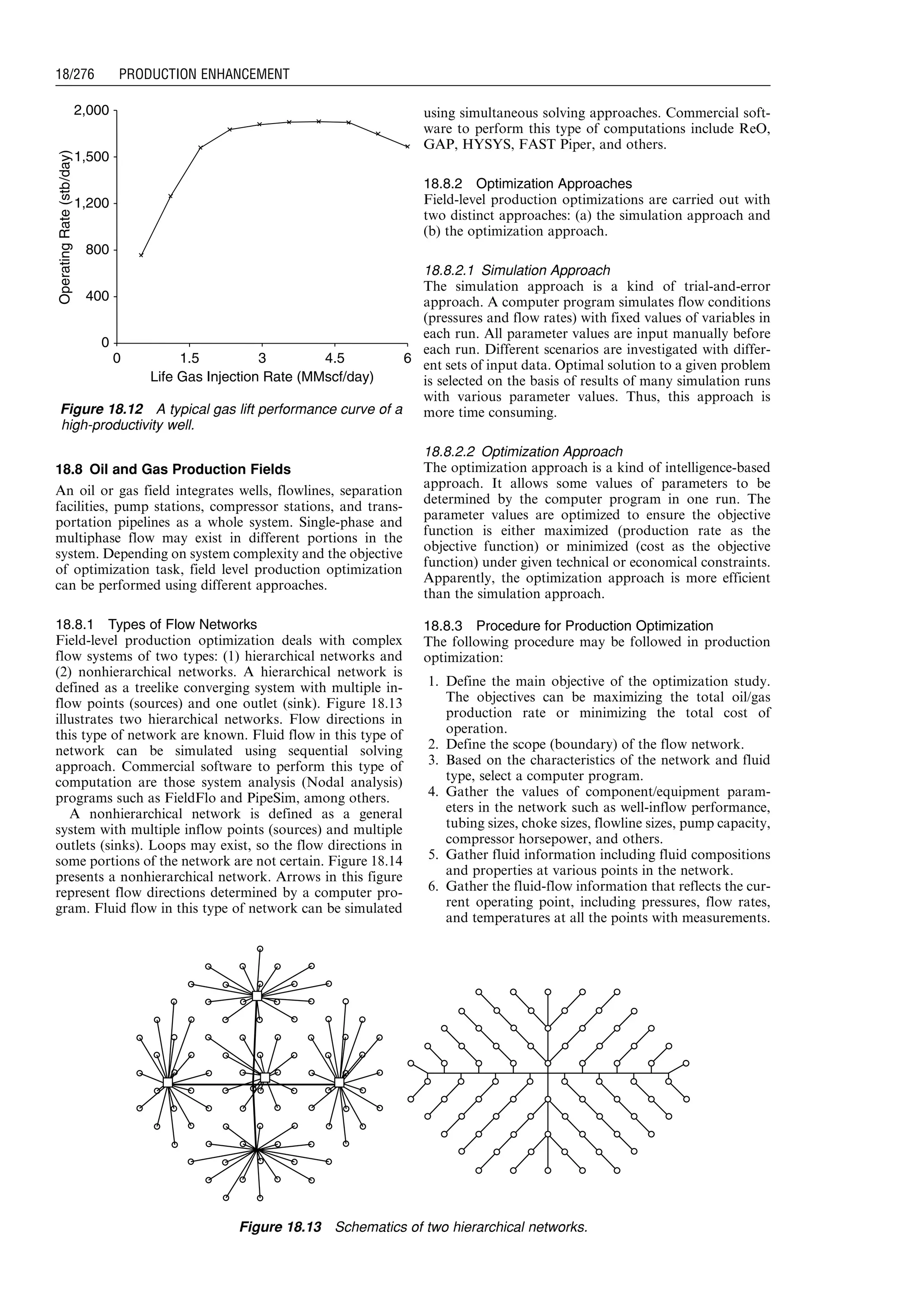 18.8 Oil and Gas Production Fields
An oil or gas field integrates wells, flowlines, separation
facilities, pump stations, compressor stations, and trans-
portation pipelines as a whole system. Single-phase and
multiphase flow may exist in different portions in the
system. Depending on system complexity and the objective
of optimization task, field level production optimization
can be performed using different approaches.
18.8.1 Types of Flow Networks
Field-level production optimization deals with complex
flow systems of two types: (1) hierarchical networks and
(2) nonhierarchical networks. A hierarchical network is
defined as a treelike converging system with multiple in-
flow points (sources) and one outlet (sink). Figure 18.13
illustrates two hierarchical networks. Flow directions in
this type of network are known. Fluid flow in this type of
network can be simulated using sequential solving
approach. Commercial software to perform this type of
computation are those system analysis (Nodal analysis)
programs such as FieldFlo and PipeSim, among others.
A nonhierarchical network is defined as a general
system with multiple inflow points (sources) and multiple
outlets (sinks). Loops may exist, so the flow directions in
some portions of the network are not certain. Figure 18.14
presents a nonhierarchical network. Arrows in this figure
represent flow directions determined by a computer pro-
gram. Fluid flow in this type of network can be simulated
using simultaneous solving approaches. Commercial soft-
ware to perform this type of computations include ReO,
GAP, HYSYS, FAST Piper, and others.
18.8.2 Optimization Approaches
Field-level production optimizations are carried out with
two distinct approaches: (a) the simulation approach and
(b) the optimization approach.
18.8.2.1 Simulation Approach
The simulation approach is a kind of trial-and-error
approach. A computer program simulates flow conditions
(pressures and flow rates) with fixed values of variables in
each run. All parameter values are input manually before
each run. Different scenarios are investigated with differ-
ent sets of input data. Optimal solution to a given problem
is selected on the basis of results of many simulation runs
with various parameter values. Thus, this approach is
more time consuming.
18.8.2.2 Optimization Approach
The optimization approach is a kind of intelligence-based
approach. It allows some values of parameters to be
determined by the computer program in one run. The
parameter values are optimized to ensure the objective
function is either maximized (production rate as the
objective function) or minimized (cost as the objective
function) under given technical or economical constraints.
Apparently, the optimization approach is more efficient
than the simulation approach.
18.8.3 Procedure for Production Optimization
The following procedure may be followed in production
optimization:
1. Define the main objective of the optimization study.
The objectives can be maximizing the total oil/gas
production rate or minimizing the total cost of
operation.
2. Define the scope (boundary) of the flow network.
3. Based on the characteristics of the network and fluid
type, select a computer program.
4. Gather the values of component/equipment param-
eters in the network such as well-inflow performance,
tubing sizes, choke sizes, flowline sizes, pump capacity,
compressor horsepower, and others.
5. Gather fluid information including fluid compositions
and properties at various points in the network.
6. Gather the fluid-flow information that reflects the cur-
rent operating point, including pressures, flow rates,
and temperatures at all the points with measurements.
OperatingRate(stb/day)
2,000
1,500
1,200
800
400
0
Life Gas Injection Rate (MMscf/day)
0 1.5 3 4.5 6
Figure 18.12 A typical gas lift performance curve of a
high-productivity well.
Figure 18.13 Schematics of two hierarchical networks.
Guo, Boyun / Computer Assited Petroleum Production Engg 0750682701_chap18 Final Proof page 276 4.1.2007 10:04pm Compositor Name: SJoearun
18/276 PRODUCTION ENHANCEMENT
 