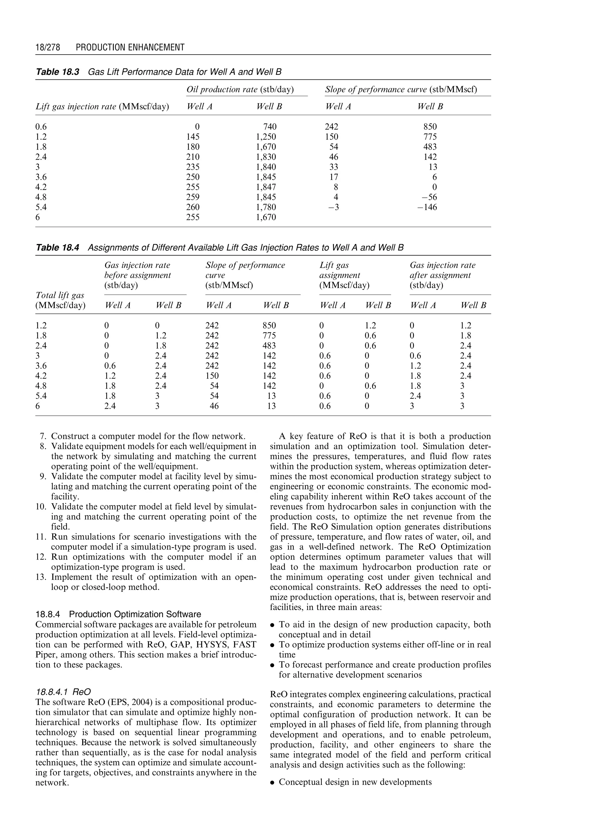 7. Construct a computer model for the flow network.
8. Validate equipment models for each well/equipment in
the network by simulating and matching the current
operating point of the well/equipment.
9. Validate the computer model at facility level by simu-
lating and matching the current operating point of the
facility.
10. Validate the computer model at field level by simulat-
ing and matching the current operating point of the
field.
11. Run simulations for scenario investigations with the
computer model if a simulation-type program is used.
12. Run optimizations with the computer model if an
optimization-type program is used.
13. Implement the result of optimization with an open-
loop or closed-loop method.
18.8.4 Production Optimization Software
Commercial software packages are available for petroleum
production optimization at all levels. Field-level optimiza-
tion can be performed with ReO, GAP, HYSYS, FAST
Piper, among others. This section makes a brief introduc-
tion to these packages.
18.8.4.1 ReO
The software ReO (EPS, 2004) is a compositional produc-
tion simulator that can simulate and optimize highly non-
hierarchical networks of multiphase flow. Its optimizer
technology is based on sequential linear programming
techniques. Because the network is solved simultaneously
rather than sequentially, as is the case for nodal analysis
techniques, the system can optimize and simulate account-
ing for targets, objectives, and constraints anywhere in the
network.
A key feature of ReO is that it is both a production
simulation and an optimization tool. Simulation deter-
mines the pressures, temperatures, and fluid flow rates
within the production system, whereas optimization deter-
mines the most economical production strategy subject to
engineering or economic constraints. The economic mod-
eling capability inherent within ReO takes account of the
revenues from hydrocarbon sales in conjunction with the
production costs, to optimize the net revenue from the
field. The ReO Simulation option generates distributions
of pressure, temperature, and flow rates of water, oil, and
gas in a well-defined network. The ReO Optimization
option determines optimum parameter values that will
lead to the maximum hydrocarbon production rate or
the minimum operating cost under given technical and
economical constraints. ReO addresses the need to opti-
mize production operations, that is, between reservoir and
facilities, in three main areas:
. To aid in the design of new production capacity, both
conceptual and in detail
. To optimize production systems either off-line or in real
time
. To forecast performance and create production profiles
for alternative development scenarios
ReO integrates complex engineering calculations, practical
constraints, and economic parameters to determine the
optimal configuration of production network. It can be
employed in all phases of field life, from planning through
development and operations, and to enable petroleum,
production, facility, and other engineers to share the
same integrated model of the field and perform critical
analysis and design activities such as the following:
. Conceptual design in new developments
Table 18.3 Gas Lift Performance Data for Well A and Well B
Oil production rate (stb/day) Slope of performance curve (stb/MMscf)
Lift gas injection rate (MMscf/day) Well A Well B Well A Well B
0.6 0 740 242 850
1.2 145 1,250 150 775
1.8 180 1,670 54 483
2.4 210 1,830 46 142
3 235 1,840 33 13
3.6 250 1,845 17 6
4.2 255 1,847 8 0
4.8 259 1,845 4 À56
5.4 260 1,780 À3 À146
6 255 1,670
Table 18.4 Assignments of Different Available Lift Gas Injection Rates to Well A and Well B
Total lift gas
Gas injection rate
before assignment
(stb/day)
Slope of performance
curve
(stb/MMscf)
Lift gas
assignment
(MMscf/day)
Gas injection rate
after assignment
(stb/day)
(MMscf/day) Well A Well B Well A Well B Well A Well B Well A Well B
1.2 0 0 242 850 0 1.2 0 1.2
1.8 0 1.2 242 775 0 0.6 0 1.8
2.4 0 1.8 242 483 0 0.6 0 2.4
3 0 2.4 242 142 0.6 0 0.6 2.4
3.6 0.6 2.4 242 142 0.6 0 1.2 2.4
4.2 1.2 2.4 150 142 0.6 0 1.8 2.4
4.8 1.8 2.4 54 142 0 0.6 1.8 3
5.4 1.8 3 54 13 0.6 0 2.4 3
6 2.4 3 46 13 0.6 0 3 3
Guo, Boyun / Computer Assited Petroleum Production Engg 0750682701_chap18 Final Proof page 278 4.1.2007 10:04pm Compositor Name: SJoearun
18/278 PRODUCTION ENHANCEMENT
 