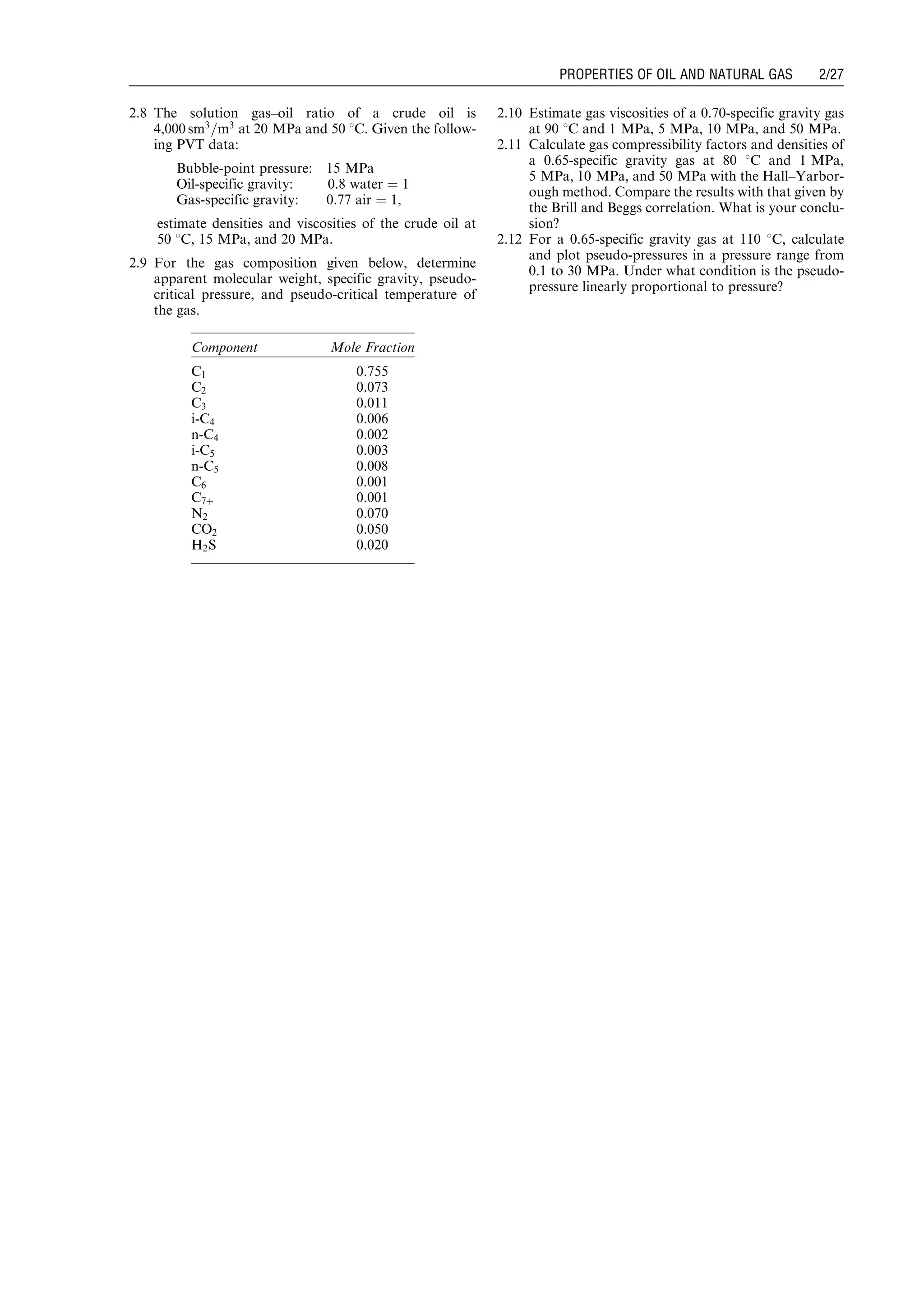 2.8 The solution gas–oil ratio of a crude oil is
4,000 sm3
=m3
at 20 MPa and 50 8C. Given the follow-
ing PVT data:
Bubble-point pressure: 15 MPa
Oil-specific gravity: 0.8 water ¼ 1
Gas-specific gravity: 0.77 air ¼ 1,
estimate densities and viscosities of the crude oil at
50 8C, 15 MPa, and 20 MPa.
2.9 For the gas composition given below, determine
apparent molecular weight, specific gravity, pseudo-
critical pressure, and pseudo-critical temperature of
the gas.
2.10 Estimate gas viscosities of a 0.70-specific gravity gas
at 90 8C and 1 MPa, 5 MPa, 10 MPa, and 50 MPa.
2.11 Calculate gas compressibility factors and densities of
a 0.65-specific gravity gas at 80 8C and 1 MPa,
5 MPa, 10 MPa, and 50 MPa with the Hall–Yarbor-
ough method. Compare the results with that given by
the Brill and Beggs correlation. What is your conclu-
sion?
2.12 For a 0.65-specific gravity gas at 110 8C, calculate
and plot pseudo-pressures in a pressure range from
0.1 to 30 MPa. Under what condition is the pseudo-
pressure linearly proportional to pressure?
Component Mole Fraction
C1 0.755
C2 0.073
C3 0.011
i-C4 0.006
n-C4 0.002
i-C5 0.003
n-C5 0.008
C6 0.001
C7þ 0.001
N2 0.070
CO2 0.050
H2S 0.020
Guo, Boyun / Computer Assited Petroleum Production Engg 0750682701_chap02 Final Proof page 27 22.12.2006 7:08pm
PROPERTIES OF OIL AND NATURAL GAS 2/27
 