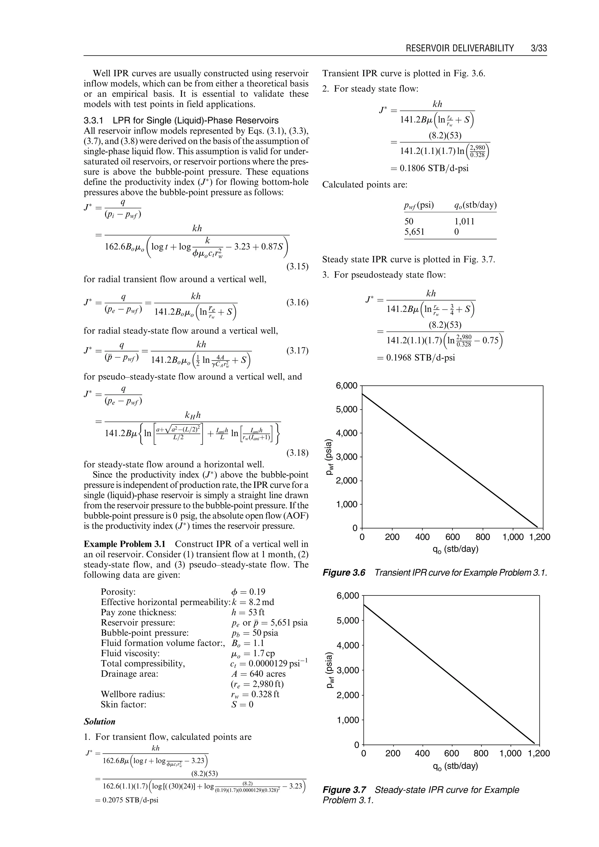 Well IPR curves are usually constructed using reservoir
inflow models, which can be from either a theoretical basis
or an empirical basis. It is essential to validate these
models with test points in field applications.
3.3.1 LPR for Single (Liquid)-Phase Reservoirs
All reservoir inflow models represented by Eqs. (3.1), (3.3),
(3.7), and (3.8) were derived on the basis of the assumption of
single-phase liquid flow. This assumption is valid for under-
saturated oil reservoirs, or reservoir portions where the pres-
sure is above the bubble-point pressure. These equations
define the productivity index (JÃ
) for flowing bottom-hole
pressures above the bubble-point pressure as follows:
JÃ
¼
q
(pi À pwf )
¼
kh
162:6Bomo log t þ log
k
fmoctr2
w
À 3:23 þ 0:87S
 
(3:15)
for radial transient flow around a vertical well,
JÃ
¼
q
(pe À pwf )
¼
kh
141:2Bomo ln re
rw
þ S
  (3:16)
for radial steady-state flow around a vertical well,
JÃ
¼
q
(pp À pwf )
¼
kh
141:2Bomo
1
2 ln 4A
gCAr2
w
þ S
  (3:17)
for pseudo–steady-state flow around a vertical well, and
JÃ
¼
q
(pe À pwf )
¼
kH h
141:2Bm ln
aþ
ﬃﬃﬃﬃﬃﬃﬃﬃﬃﬃﬃﬃﬃﬃﬃﬃ
a2À(L=2)2
p
L=2
!
þ Ianih
L ln Iani h
rw(Ianiþ1)
h i '
(3:18)
for steady-state flow around a horizontal well.
Since the productivity index (JÃ
) above the bubble-point
pressure isindependent of productionrate, the IPR curve for a
single (liquid)-phase reservoir is simply a straight line drawn
from the reservoir pressure to the bubble-point pressure. If the
bubble-point pressure is 0 psig, the absolute open flow (AOF)
is the productivity index (JÃ
) times the reservoir pressure.
Example Problem 3.1 Construct IPR of a vertical well in
an oil reservoir. Consider (1) transient flow at 1 month, (2)
steady-state flow, and (3) pseudo–steady-state flow. The
following data are given:
Porosity: f ¼ 0:19
Effective horizontal permeability:k ¼ 8:2 md
Pay zone thickness: h ¼ 53 ft
Reservoir pressure: pe or pp ¼ 5,651 psia
Bubble-point pressure: pb ¼ 50 psia
Fluid formation volume factor:, Bo ¼ 1:1
Fluid viscosity: mo ¼ 1:7 cp
Total compressibility, ct ¼ 0:0000129 psiÀ1
Drainage area: A ¼ 640 acres
(re ¼ 2,980 ft)
Wellbore radius: rw ¼ 0:328 ft
Skin factor: S ¼ 0
Solution
1. For transient flow, calculated points are
JÃ
¼
kh
162:6Bm log t þ log fmctr2
w
À 3:23
 
¼
(8:2)(53)
162:6(1:1)(1:7) log [( (30)(24)] þ log (8:2)
(0:19)(1:7)(0:0000129)(0:328)2 À 3:23
 
¼ 0:2075 STB=d-psi
Transient IPR curve is plotted in Fig. 3.6.
2. For steady state flow:
JÃ
¼
kh
141:2Bm ln re
rw
þ S
 
¼
(8:2)(53)
141:2(1:1)(1:7) ln 2,980
0:328
 
¼ 0:1806 STB=d-psi
Calculated points are:
Steady state IPR curve is plotted in Fig. 3.7.
3. For pseudosteady state flow:
JÃ
¼
kh
141:2Bm ln re
rw
À 3
4 þ S
 
¼
(8:2)(53)
141:2(1:1)(1:7) ln 2,980
0:328 À 0:75
 
¼ 0:1968 STB=d-psi
0
1,000
2,000
3,000
4,000
5,000
6,000
0 200 400 600 800 1,000 1,200
qo (stb/day)
pwf(psia)
Figure 3.6 Transient IPR curve for Example Problem 3.1.
0
1,000
2,000
3,000
4,000
5,000
6,000
0 200 400 600 800 1,000 1,200
qo (stb/day)
pwf(psia)
Figure 3.7 Steady-state IPR curve for Example
Problem 3.1.
pwf (psi) qo(stb/day)
50 1,011
5,651 0
Guo, Boyun / Computer Assited Petroleum Production Engg 0750682701_chap03 Final Proof page 33 3.1.2007 8:30pm Compositor Name: SJoearun
RESERVOIR DELIVERABILITY 3/33
 
