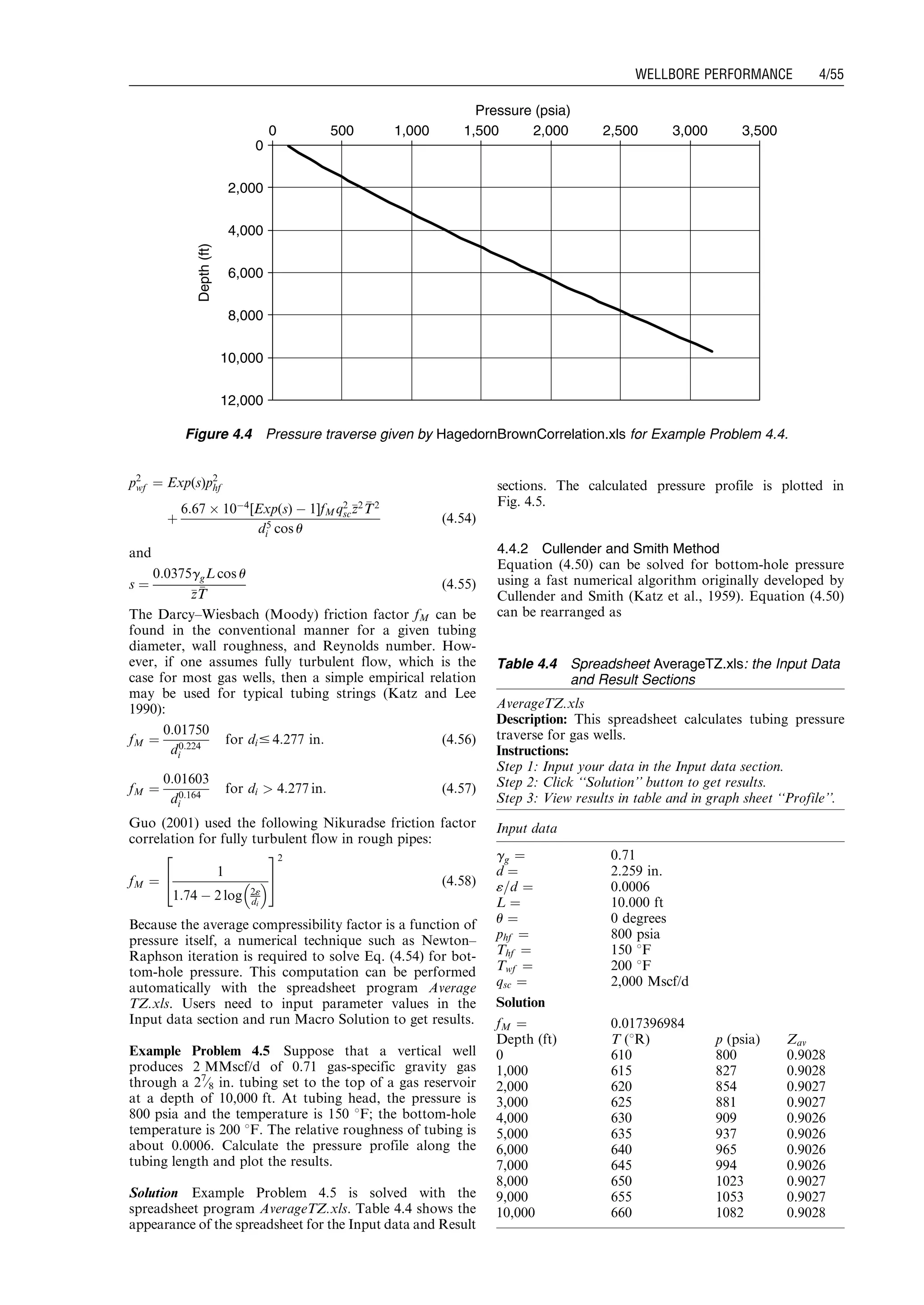p2
wf ¼ Exp(s)p2
hf
þ
6:67 Â 10À4
[Exp(s) À 1]fMq2
sczz2 TT2
d5
i cos u
(4:54)
and
s ¼
0:0375ggL cos u
zzTT
(4:55)
The Darcy–Wiesbach (Moody) friction factor fM can be
found in the conventional manner for a given tubing
diameter, wall roughness, and Reynolds number. How-
ever, if one assumes fully turbulent flow, which is the
case for most gas wells, then a simple empirical relation
may be used for typical tubing strings (Katz and Lee
1990):
fM ¼
0:01750
d0:224
i
for di# 4:277 in: (4:56)
fM ¼
0:01603
d0:164
i
for di  4:277 in: (4:57)
Guo (2001) used the following Nikuradse friction factor
correlation for fully turbulent flow in rough pipes:
fM ¼
1
1:74 À 2 log 2«
di
 
2
4
3
5
2
(4:58)
Because the average compressibility factor is a function of
pressure itself, a numerical technique such as Newton–
Raphson iteration is required to solve Eq. (4.54) for bot-
tom-hole pressure. This computation can be performed
automatically with the spreadsheet program Average
TZ.xls. Users need to input parameter values in the
Input data section and run Macro Solution to get results.
Example Problem 4.5 Suppose that a vertical well
produces 2 MMscf/d of 0.71 gas-specific gravity gas
through a 27
⁄8 in. tubing set to the top of a gas reservoir
at a depth of 10,000 ft. At tubing head, the pressure is
800 psia and the temperature is 150 8F; the bottom-hole
temperature is 200 8F. The relative roughness of tubing is
about 0.0006. Calculate the pressure profile along the
tubing length and plot the results.
Solution Example Problem 4.5 is solved with the
spreadsheet program AverageTZ.xls. Table 4.4 shows the
appearance of the spreadsheet for the Input data and Result
sections. The calculated pressure profile is plotted in
Fig. 4.5.
4.4.2 Cullender and Smith Method
Equation (4.50) can be solved for bottom-hole pressure
using a fast numerical algorithm originally developed by
Cullender and Smith (Katz et al., 1959). Equation (4.50)
can be rearranged as
0
2,000
4,000
6,000
8,000
10,000
12,000
Pressure (psia)
Depth(ft)
3,5000 500 1,000 1,500 2,000 2,500 3,000
Figure 4.4 Pressure traverse given by HagedornBrownCorrelation.xls for Example Problem 4.4.
Table 4.4 Spreadsheet AverageTZ.xls: the Input Data
and Result Sections
AverageTZ.xls
Description: This spreadsheet calculates tubing pressure
traverse for gas wells.
Instructions:
Step 1: Input your data in the Input data section.
Step 2: Click ‘‘Solution’’ button to get results.
Step 3: View results in table and in graph sheet ‘‘Profile’’.
Input data
gg ¼ 0.71
d ¼ 2.259 in.
«=d ¼ 0.0006
L ¼ 10.000 ft
u ¼ 0 degrees
phf ¼ 800 psia
Thf ¼ 150 8F
Twf ¼ 200 8F
qsc ¼ 2,000 Mscf/d
Solution
fM ¼ 0.017396984
Depth (ft) T (8R) p (psia) Zav
0 610 800 0.9028
1,000 615 827 0.9028
2,000 620 854 0.9027
3,000 625 881 0.9027
4,000 630 909 0.9026
5,000 635 937 0.9026
6,000 640 965 0.9026
7,000 645 994 0.9026
8,000 650 1023 0.9027
9,000 655 1053 0.9027
10,000 660 1082 0.9028
Guo, Boyun / Petroleum Production Engineering, A Computer-Assisted Approach 0750682701_chap04 Final Proof page 55 22.12.2006 6:07pm
WELLBORE PERFORMANCE 4/55
 