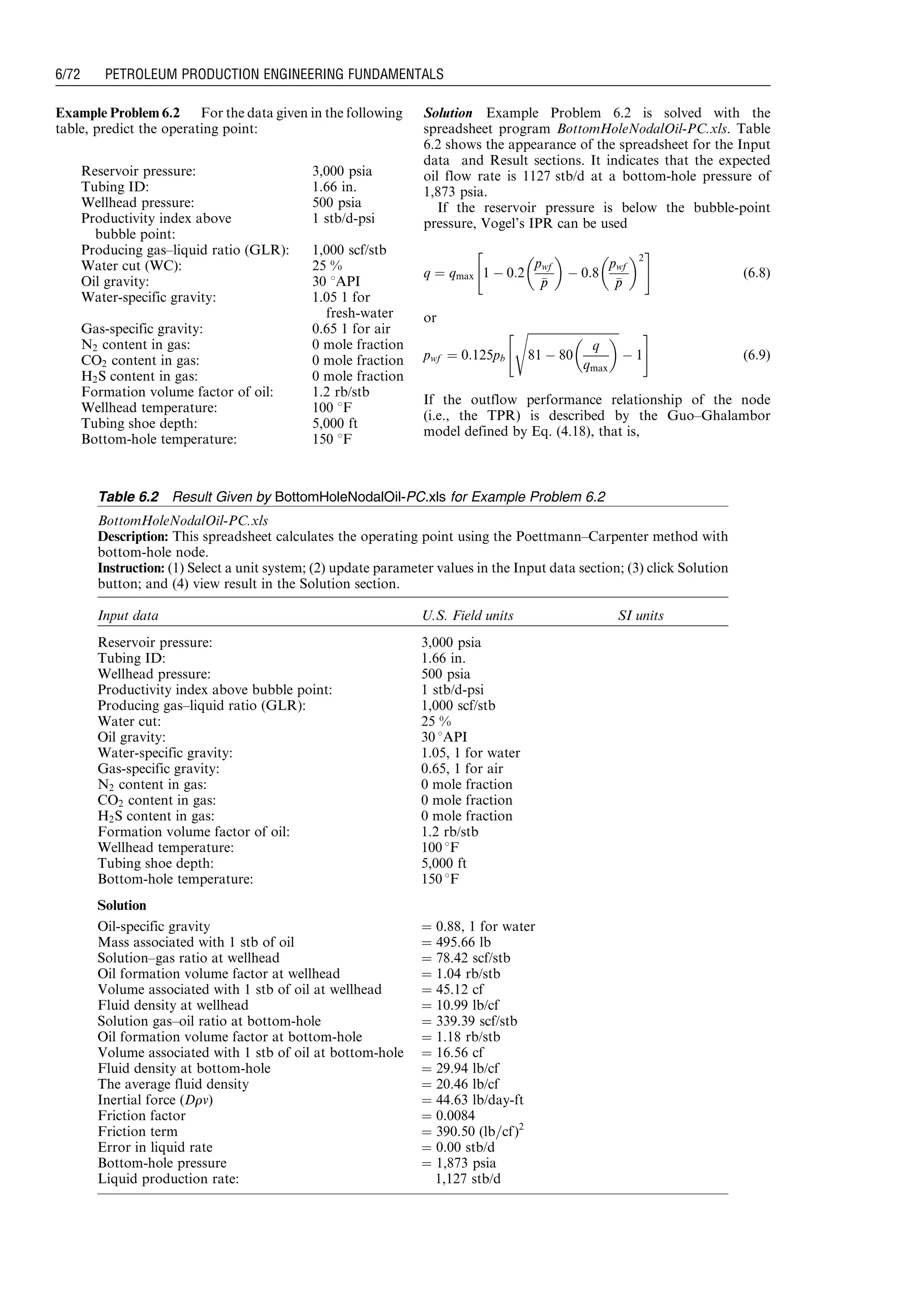 Example Problem 6.2 For the data given in the following
table, predict the operating point:
Solution Example Problem 6.2 is solved with the
spreadsheet program BottomHoleNodalOil-PC.xls. Table
6.2 shows the appearance of the spreadsheet for the Input
data and Result sections. It indicates that the expected
oil flow rate is 1127 stb/d at a bottom-hole pressure of
1,873 psia.
If the reservoir pressure is below the bubble-point
pressure, Vogel’s IPR can be used
q ¼ qmax 1 À 0:2
pwf
pp
 
À 0:8
pwf
pp
 2
 #
(6:8)
or
pwf ¼ 0:125pb
ﬃﬃﬃﬃﬃﬃﬃﬃﬃﬃﬃﬃﬃﬃﬃﬃﬃﬃﬃﬃﬃﬃﬃﬃﬃﬃﬃﬃﬃﬃﬃﬃ
81 À 80
q
qmax
 s
À 1
 #
(6:9)
If the outflow performance relationship of the node
(i.e., the TPR) is described by the Guo–Ghalambor
model defined by Eq. (4.18), that is,
Reservoir pressure: 3,000 psia
Tubing ID: 1.66 in.
Wellhead pressure: 500 psia
Productivity index above
bubble point:
1 stb/d-psi
Producing gas–liquid ratio (GLR): 1,000 scf/stb
Water cut (WC): 25 %
Oil gravity: 30 8API
Water-specific gravity: 1.05 1 for
fresh-water
Gas-specific gravity: 0.65 1 for air
N2 content in gas: 0 mole fraction
CO2 content in gas: 0 mole fraction
H2S content in gas: 0 mole fraction
Formation volume factor of oil: 1.2 rb/stb
Wellhead temperature: 100 8F
Tubing shoe depth: 5,000 ft
Bottom-hole temperature: 150 8F
Table 6.2 Result Given by BottomHoleNodalOil-PC.xls for Example Problem 6.2
BottomHoleNodalOil-PC.xls
Description: This spreadsheet calculates the operating point using the Poettmann–Carpenter method with
bottom-hole node.
Instruction: (1) Select a unit system; (2) update parameter values in the Input data section; (3) click Solution
button; and (4) view result in the Solution section.
Input data U.S. Field units SI units
Reservoir pressure: 3,000 psia
Tubing ID: 1.66 in.
Wellhead pressure: 500 psia
Productivity index above bubble point: 1 stb/d-psi
Producing gas–liquid ratio (GLR): 1,000 scf/stb
Water cut: 25 %
Oil gravity: 30 8API
Water-specific gravity: 1.05, 1 for water
Gas-specific gravity: 0.65, 1 for air
N2 content in gas: 0 mole fraction
CO2 content in gas: 0 mole fraction
H2S content in gas: 0 mole fraction
Formation volume factor of oil: 1.2 rb/stb
Wellhead temperature: 100 8F
Tubing shoe depth: 5,000 ft
Bottom-hole temperature: 150 8F
Solution
Oil-specific gravity ¼ 0.88, 1 for water
Mass associated with 1 stb of oil ¼ 495.66 lb
Solution–gas ratio at wellhead ¼ 78.42 scf/stb
Oil formation volume factor at wellhead ¼ 1.04 rb/stb
Volume associated with 1 stb of oil at wellhead ¼ 45.12 cf
Fluid density at wellhead ¼ 10.99 lb/cf
Solution gas–oil ratio at bottom-hole ¼ 339.39 scf/stb
Oil formation volume factor at bottom-hole ¼ 1.18 rb/stb
Volume associated with 1 stb of oil at bottom-hole ¼ 16.56 cf
Fluid density at bottom-hole ¼ 29.94 lb/cf
The average fluid density ¼ 20.46 lb/cf
Inertial force (Drv) ¼ 44.63 lb/day-ft
Friction factor ¼ 0.0084
Friction term ¼ 390.50 (lb=cf)2
Error in liquid rate ¼ 0.00 stb/d
Bottom-hole pressure ¼ 1,873 psia
Liquid production rate: 1,127 stb/d
Guo, Boyun / Computer Assited Petroleum Production Engg 0750682701_chap06 Final Proof page 72 3.1.2007 8:40pm Compositor Name: SJoearun
6/72 PETROLEUM PRODUCTION ENGINEERING FUNDAMENTALS
 