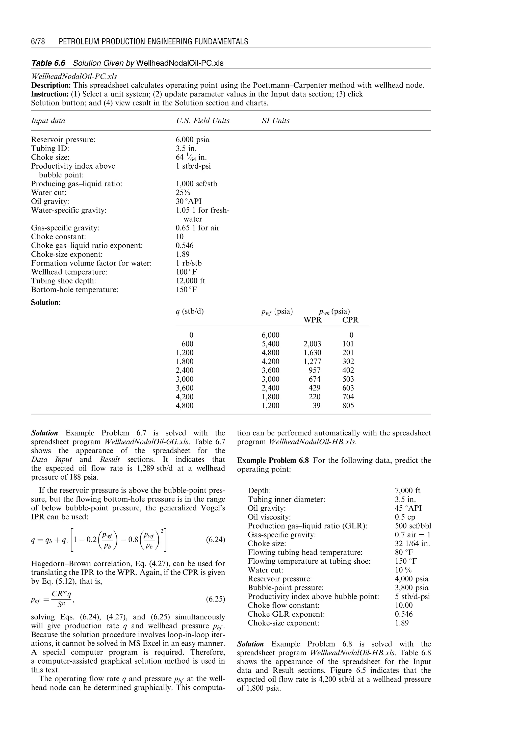 Solution Example Problem 6.7 is solved with the
spreadsheet program WellheadNodalOil-GG.xls. Table 6.7
shows the appearance of the spreadsheet for the
Data Input and Result sections. It indicates that
the expected oil flow rate is 1,289 stb/d at a wellhead
pressure of 188 psia.
If the reservoir pressure is above the bubble-point pres-
sure, but the flowing bottom-hole pressure is in the range
of below bubble-point pressure, the generalized Vogel’s
IPR can be used:
q ¼ qb þ qv 1 À 0:2
pwf
pb
 
À 0:8
pwf
pb
 2
 #
(6:24)
Hagedorn–Brown correlation, Eq. (4.27), can be used for
translating the IPR to the WPR. Again, if the CPR is given
by Eq. (5.12), that is,
phf ¼
CRm
q
Sn
, (6:25)
solving Eqs. (6.24), (4.27), and (6.25) simultaneously
will give production rate q and wellhead pressure phf .
Because the solution procedure involves loop-in-loop iter-
ations, it cannot be solved in MS Excel in an easy manner.
A special computer program is required. Therefore,
a computer-assisted graphical solution method is used in
this text.
The operating flow rate q and pressure phf at the well-
head node can be determined graphically. This computa-
tion can be performed automatically with the spreadsheet
program WellheadNodalOil-HB.xls.
Example Problem 6.8 For the following data, predict the
operating point:
Solution Example Problem 6.8 is solved with the
spreadsheet program WellheadNodalOil-HB.xls. Table 6.8
shows the appearance of the spreadsheet for the Input
data and Result sections. Figure 6.5 indicates that the
expected oil flow rate is 4,200 stb/d at a wellhead pressure
of 1,800 psia.
Table 6.6 Solution Given by WellheadNodalOil-PC.xls
WellheadNodalOil-PC.xls
Description: This spreadsheet calculates operating point using the Poettmann–Carpenter method with wellhead node.
Instruction: (1) Select a unit system; (2) update parameter values in the Input data section; (3) click
Solution button; and (4) view result in the Solution section and charts.
Input data U.S. Field Units SI Units
Reservoir pressure: 6,000 psia
Tubing ID: 3.5 in.
Choke size: 64 1
⁄64 in.
Productivity index above
bubble point:
1 stb/d-psi
Producing gas–liquid ratio: 1,000 scf/stb
Water cut: 25%
Oil gravity: 30 8API
Water-specific gravity: 1.05 1 for fresh-
water
Gas-specific gravity: 0.65 1 for air
Choke constant: 10
Choke gas–liquid ratio exponent: 0.546
Choke-size exponent: 1.89
Formation volume factor for water: 1 rb/stb
Wellhead temperature: 100 8F
Tubing shoe depth: 12,000 ft
Bottom-hole temperature: 150 8F
Solution:
q (stb/d) pwf ðpsiaÞ pwh (psia)
WPR CPR
0 6,000 0
600 5,400 2,003 101
1,200 4,800 1,630 201
1,800 4,200 1,277 302
2,400 3,600 957 402
3,000 3,000 674 503
3,600 2,400 429 603
4,200 1,800 220 704
4,800 1,200 39 805
Depth: 7,000 ft
Tubing inner diameter: 3.5 in.
Oil gravity: 45 8API
Oil viscosity: 0.5 cp
Production gas–liquid ratio (GLR): 500 scf/bbl
Gas-specific gravity: 0.7 air ¼ 1
Choke size: 32 1/64 in.
Flowing tubing head temperature: 80 8F
Flowing temperature at tubing shoe: 150 8F
Water cut: 10 %
Reservoir pressure: 4,000 psia
Bubble-point pressure: 3,800 psia
Productivity index above bubble point: 5 stb/d-psi
Choke flow constant: 10.00
Choke GLR exponent: 0.546
Choke-size exponent: 1.89
Guo, Boyun / Computer Assited Petroleum Production Engg 0750682701_chap06 Final Proof page 78 3.1.2007 8:40pm Compositor Name: SJoearun
6/78 PETROLEUM PRODUCTION ENGINEERING FUNDAMENTALS
 