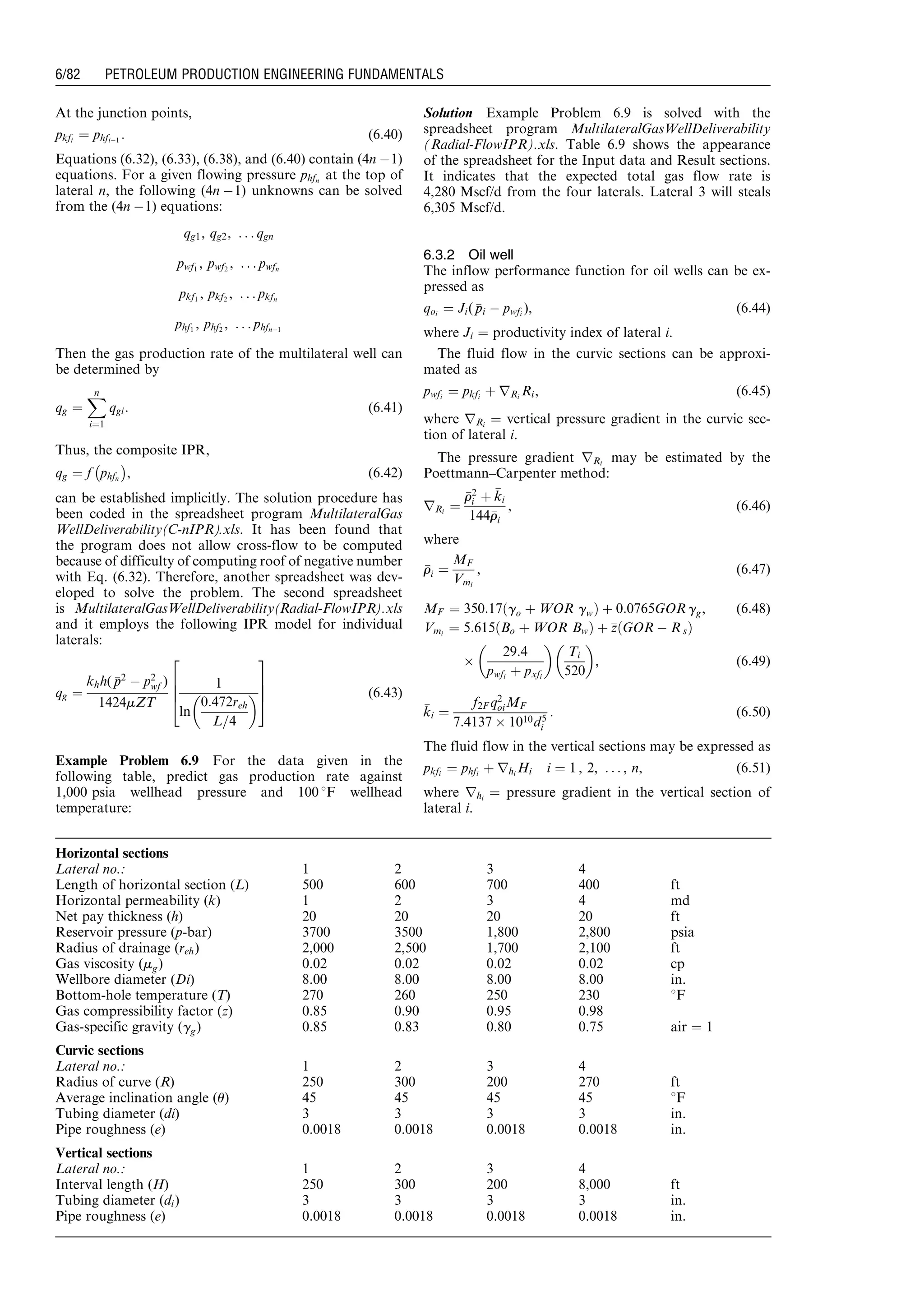 At the junction points,
pkfi
¼ phfiÀ1
: (6:40)
Equations (6.32), (6.33), (6.38), and (6.40) contain (4n À1)
equations. For a given flowing pressure phfn
at the top of
lateral n, the following (4n À1) unknowns can be solved
from the (4n À1) equations:
qg1, qg2, . . . qgn
pwf1
, pwf2
, . . . pwfn
pkf1
, pkf2
, . . . pkfn
phf1
, phf2
, . . . phfnÀ1
Then the gas production rate of the multilateral well can
be determined by
qg ¼
Xn
i¼1
qgi: (6:41)
Thus, the composite IPR,
qg ¼ f phfn
À Á
, (6:42)
can be established implicitly. The solution procedure has
been coded in the spreadsheet program MultilateralGas
WellDeliverability(C-nIPR).xls. It has been found that
the program does not allow cross-flow to be computed
because of difficulty of computing roof of negative number
with Eq. (6.32). Therefore, another spreadsheet was dev-
eloped to solve the problem. The second spreadsheet
is MultilateralGasWellDeliverability(Radial-FlowIPR).xls
and it employs the following IPR model for individual
laterals:
qg ¼
khh( pp2
À p2
wf )
1424mZT
1
ln
0:472reh
L=4
 
2
6
6
4
3
7
7
5 (6:43)
Example Problem 6.9 For the data given in the
following table, predict gas production rate against
1,000 psia wellhead pressure and 100 8F wellhead
temperature:
Solution Example Problem 6.9 is solved with the
spreadsheet program MultilateralGasWellDeliverability
(Radial-FlowIPR).xls. Table 6.9 shows the appearance
of the spreadsheet for the Input data and Result sections.
It indicates that the expected total gas flow rate is
4,280 Mscf/d from the four laterals. Lateral 3 will steals
6,305 Mscf/d.
6.3.2 Oil well
The inflow performance function for oil wells can be ex-
pressed as
qoi
¼ Ji( ppi À pwfi
), (6:44)
where Ji ¼ productivity index of lateral i.
The fluid flow in the curvic sections can be approxi-
mated as
pwfi ¼ pkfi þ rRi Ri, (6:45)
where rRi
¼ vertical pressure gradient in the curvic sec-
tion of lateral i.
The pressure gradient rRi
may be estimated by the
Poettmann–Carpenter method:
rRi ¼
rr2
i þ kki
144rri
, (6:46)
where
rri ¼
MF
Vmi
, (6:47)
MF ¼ 350:17 go þ WOR gwð Þ þ 0:0765GOR gg, (6:48)
Vmi ¼ 5:615 Bo þ WOR Bwð Þ þ zz GOR À R sð Þ
Â
29:4
pwfi
þ pxfi
 
Ti
520
 
, (6:49)
kki ¼
f2F q2
oiMF
7:4137 Â 1010d5
i
: (6:50)
The fluid flow in the vertical sections may be expressed as
pkfi
¼ phfi
þ rhi
Hi i ¼ 1 , 2, . . . , n, (6:51)
where rhi
¼ pressure gradient in the vertical section of
lateral i.
Horizontal sections
Lateral no.: 1 2 3 4
Length of horizontal section (L) 500 600 700 400 ft
Horizontal permeability (k) 1 2 3 4 md
Net pay thickness (h) 20 20 20 20 ft
Reservoir pressure (p-bar) 3700 3500 1,800 2,800 psia
Radius of drainage (reh) 2,000 2,500 1,700 2,100 ft
Gas viscosity (mg) 0.02 0.02 0.02 0.02 cp
Wellbore diameter (Di) 8.00 8.00 8.00 8.00 in.
Bottom-hole temperature (T) 270 260 250 230 8F
Gas compressibility factor (z) 0.85 0.90 0.95 0.98
Gas-specific gravity (gg) 0.85 0.83 0.80 0.75 air ¼ 1
Curvic sections
Lateral no.: 1 2 3 4
Radius of curve (R) 250 300 200 270 ft
Average inclination angle (u) 45 45 45 45 8F
Tubing diameter (di) 3 3 3 3 in.
Pipe roughness (e) 0.0018 0.0018 0.0018 0.0018 in.
Vertical sections
Lateral no.: 1 2 3 4
Interval length (H) 250 300 200 8,000 ft
Tubing diameter (di) 3 3 3 3 in.
Pipe roughness (e) 0.0018 0.0018 0.0018 0.0018 in.
Guo, Boyun / Computer Assited Petroleum Production Engg 0750682701_chap06 Final Proof page 82 3.1.2007 8:40pm Compositor Name: SJoearun
6/82 PETROLEUM PRODUCTION ENGINEERING FUNDAMENTALS
 
