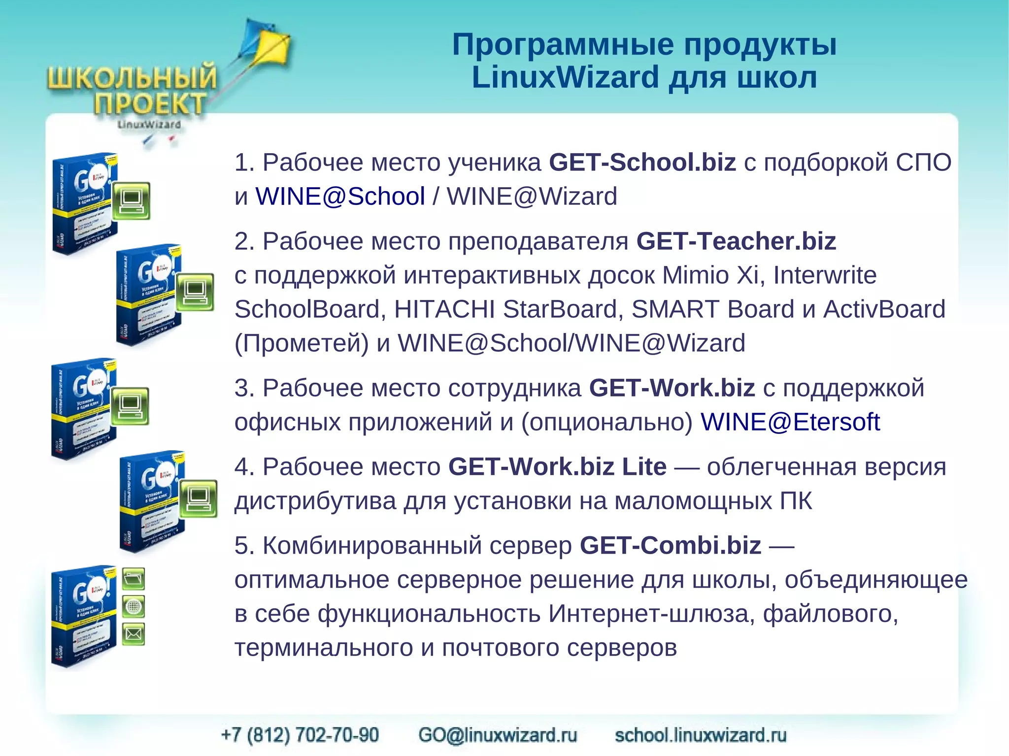 Программные продукты
                  LinuxWizard для школ

1. Рабочее место ученика GET-School.biz c подборкой СПО
и WINE@School / WINE@Wizard
2. Рабочее место преподавателя GET-Teacher.biz
c поддержкой интерактивных досок Mimio Xi, Interwrite
SchoolBoard, HITACHI StarBoard, SMART Board и ActivBoard
(Прометей) и WINE@School/WINE@Wizard
3. Рабочее место сотрудника GET-Work.biz с поддержкой
офисных приложений и (опционально) WINE@Etersoft
4. Рабочее место GET-Work.biz Lite — облегченная версия
дистрибутива для установки на маломощных ПК
5. Комбинированный сервер GET-Combi.biz —
оптимальное серверное решение для школы, объединяющее
в себе функциональность Интернет-шлюза, файлового,
терминального и почтового серверов
 