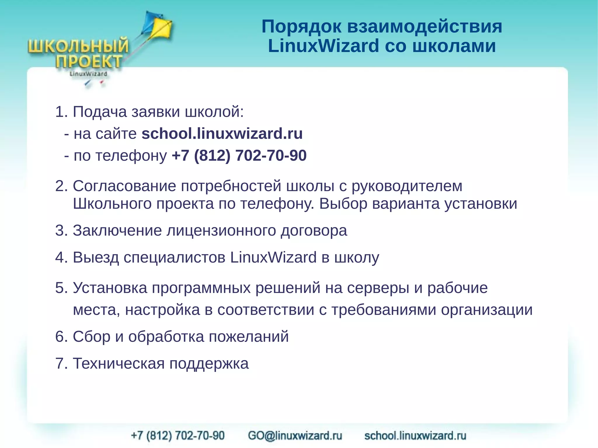 Порядок взаимодействия
                           LinuxWizard со школами


1. Подача заявки школой:
 - на сайте school.linuxwizard.ru
 - по телефону +7 (812) 702-70-90
2. Согласование потребностей школы с руководителем
   Школьного проекта по телефону. Выбор варианта установки
3. Заключение лицензионного договора
4. Выезд специалистов LinuxWizard в школу
5. Установка программных решений на серверы и рабочие
   места, настройка в соответствии с требованиями организации
6. Сбор и обработка пожеланий
7. Техническая поддержка
 