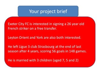 Your 2challenges today
Challenge 1
• Create a multimedia video in FRENCH to attract
the striker to Exeter City- no longer ...