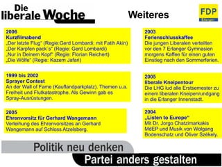 Weiteres 2006 Kurzfilmabend „ Der letzte Flug“ (Regie:Gerd Lombardi; mit Fatih Akin) „ Der Karpfen pack´s“ (Regie: Gerd Lombardi) „ Nur in Deinem Kopf“ (Regie: Florian Reichert) „ Die Wölfe“ (Regie: Kazem Jafari) 1999 bis 2002 Sprayer Contest An der Wall of Fame (Kauflandparkplatz). Themen u.a. Freiheit und Flutkatastrophe. Als Gewinn gab es Spray-Ausrüstungen. 2003 Ferienschlusskaffee Die jungen Liberalen verteilten vor den 7 Erlanger Gymnasien morgens Kaffee für einen guten Einstieg nach den Sommerferien. 2005 liberale Kneipentour Die LHG lud alle Erstsemester zu einem liberalen Kneipenrundgang in die Erlanger Innenstadt. 2005 Ehrenvorsitz für Gerhard Wangemann Verleihung des Ehrenvorsitzes an Gerhard Wangemann auf Schloss Atzelsberg. 2004 „ Listen to Europe“ Mit Dr. Jorgo Chatzimarkakis MdEP und Musik von Wolgang Bodenschatz und Oliver Székely. 