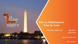 Solr vs. Elasticsearch 
Case by Case 
Alexandre Rafalovitch @arafalov 
@SolrStart 
www.solr-start.com 
 