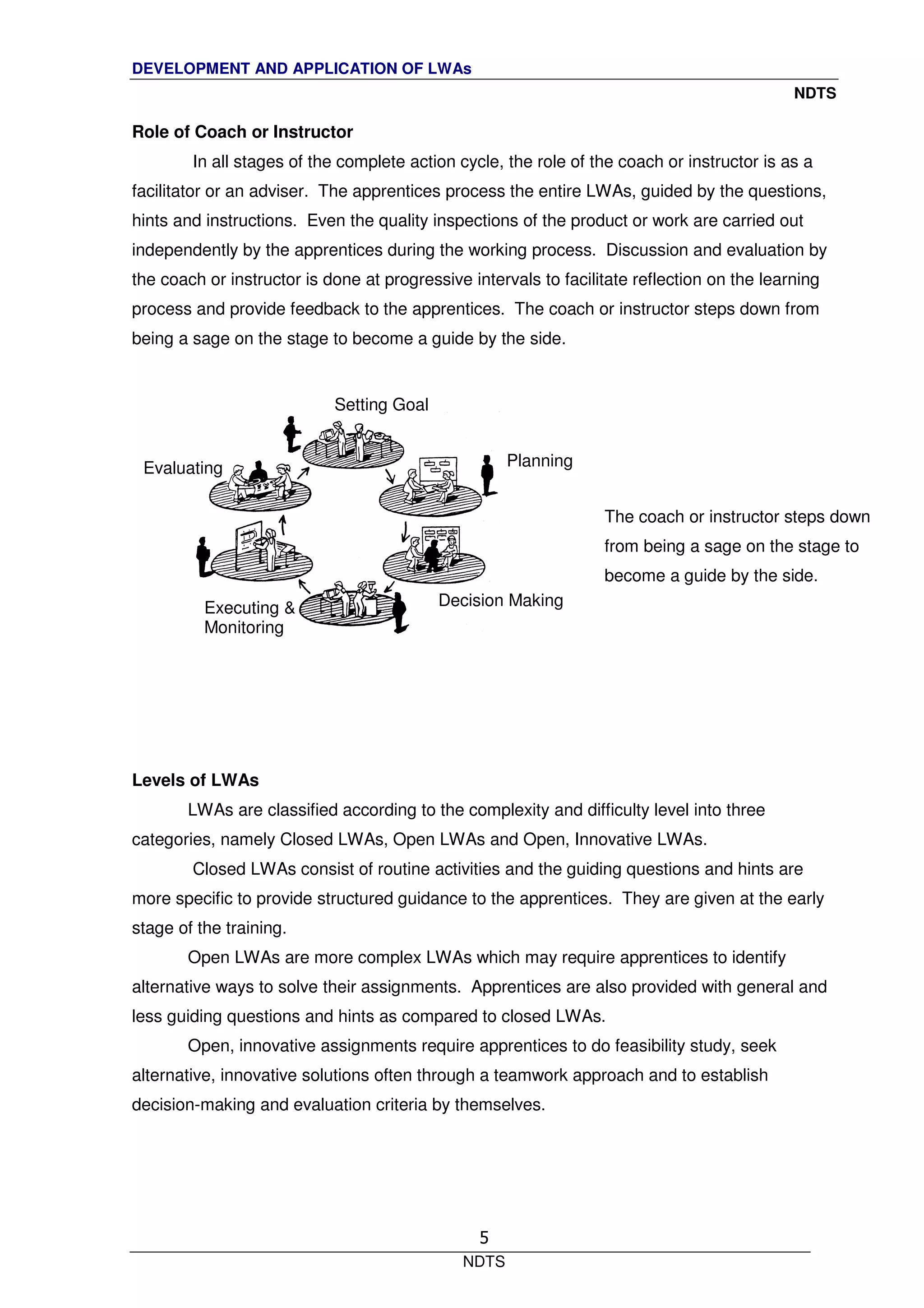 DEVELOPMENT AND APPLICATION OF LWAs
NDTS
NDTS
5
Role of Coach or Instructor
In all stages of the complete action cycle, the role of the coach or instructor is as a
facilitator or an adviser. The apprentices process the entire LWAs, guided by the questions,
hints and instructions. Even the quality inspections of the product or work are carried out
independently by the apprentices during the working process. Discussion and evaluation by
the coach or instructor is done at progressive intervals to facilitate reflection on the learning
process and provide feedback to the apprentices. The coach or instructor steps down from
being a sage on the stage to become a guide by the side.
Levels of LWAs
LWAs are classified according to the complexity and difficulty level into three
categories, namely Closed LWAs, Open LWAs and Open, Innovative LWAs.
Closed LWAs consist of routine activities and the guiding questions and hints are
more specific to provide structured guidance to the apprentices. They are given at the early
stage of the training.
Open LWAs are more complex LWAs which may require apprentices to identify
alternative ways to solve their assignments. Apprentices are also provided with general and
less guiding questions and hints as compared to closed LWAs.
Open, innovative assignments require apprentices to do feasibility study, seek
alternative, innovative solutions often through a teamwork approach and to establish
decision-making and evaluation criteria by themselves.
Planning
Setting Goal
Decision MakingExecuting &
Monitoring
Evaluating
The coach or instructor steps down
from being a sage on the stage to
become a guide by the side.
 