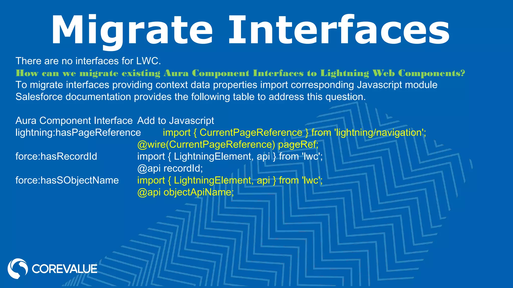 Migrate Interfaces There are no interfaces for LWC. How can we migrate existing Aura Component Interfaces to Lightning Web Components? To migrate interfaces providing context data properties import corresponding Javascript module Salesforce documentation provides the following table to address this question. Aura Component Interface Add to Javascript lightning:hasPageReference import { CurrentPageReference } from 'lightning/navigation'; @wire(CurrentPageReference) pageRef; force:hasRecordId import { LightningElement, api } from 'lwc'; @api recordId; force:hasSObjectName import { LightningElement, api } from 'lwc'; @api objectApiName; 