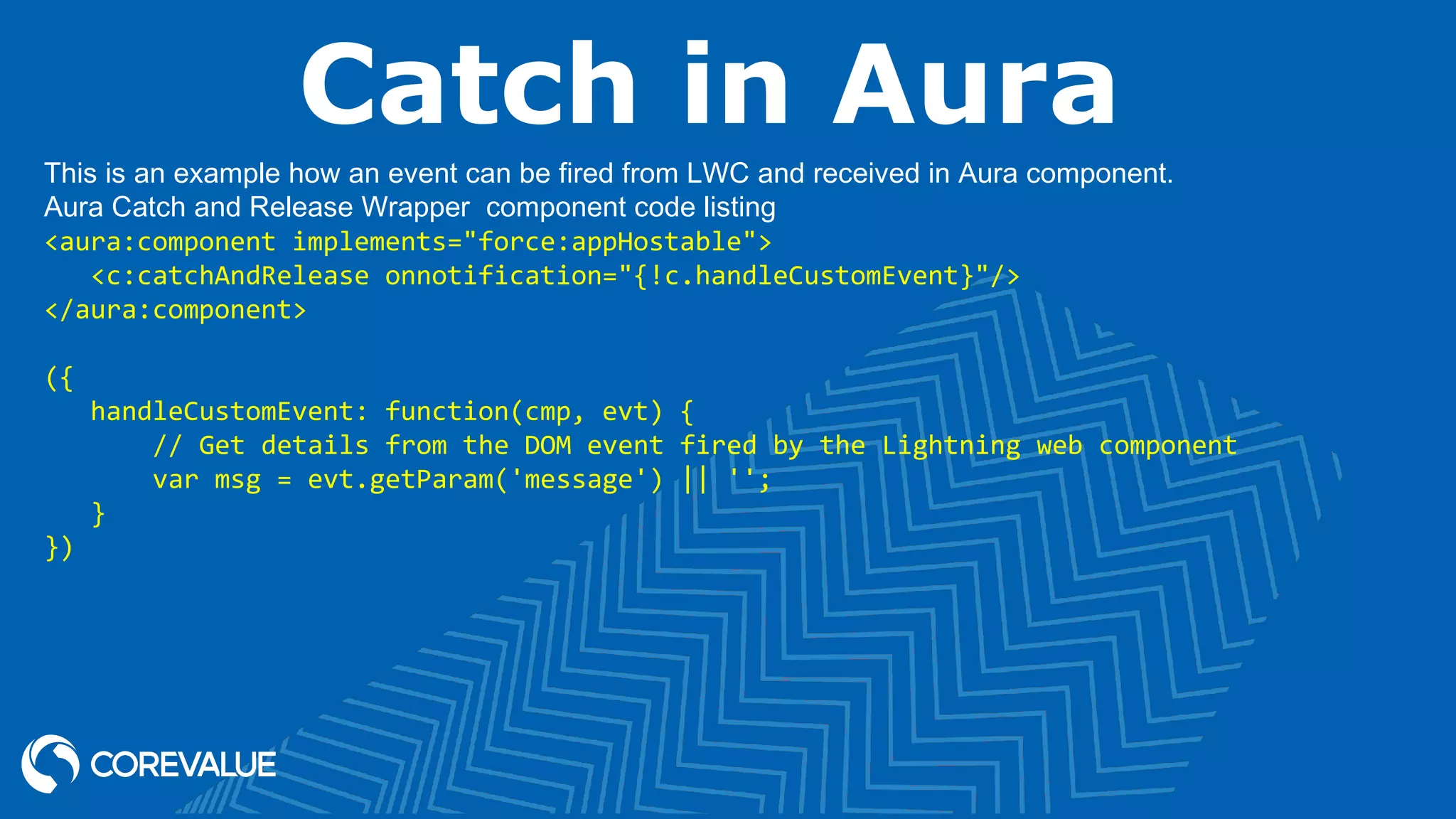 Catch in Aura This is an example how an event can be fired from LWC and received in Aura component. Aura Catch and Release Wrapper component code listing <aura:component implements="force:appHostable">    <c:catchAndRelease onnotification="{!c.handleCustomEvent}"/> </aura:component> ({    handleCustomEvent: function(cmp, evt) {        // Get details from the DOM event fired by the Lightning web component        var msg = evt.getParam('message') || '';    } }) 