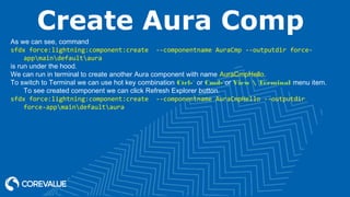 Create Aura Comp
As we can see, command
sfdx force:lightning:component:create --componentname AuraCmp --outputdir force-
appmaindefaultaura
is run under the hood.
We can run in terminal to create another Aura component with name AuraCmpHello.
To switch to Terminal we can use hot key combination Ctrl-` or Cmd-`or View  Terminal menu item.
To see created component we can click Refresh Explorer button.
sfdx force:lightning:component:create --componentname AuraCmpHello --outputdir
force-appmaindefaultaura
 