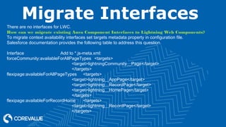 Migrate Interfaces
There are no interfaces for LWC.
How can we migrate existing Aura Component Interfaces to Lightning Web Components?
To migrate context availability interfaces set targets metadata property in configuration file.
Salesforce documentation provides the following table to address this question.
Interface Add to *.js-meta.xml:
forceCommunity:availableForAllPageTypes <targets>
<target>lightningCommunity__Page</target>
</targets>
flexipage:availableForAllPageTypes <targets>
<target>lightning__AppPage</target>
<target>lightning__RecordPage</target>
<target>lightning__HomePage</target>
</targets>
flexipage:availableForRecordHome <targets>
<target>lightning__RecordPage</target>
</targets>
 