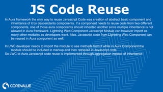 JS Code Reuse
In Aura framework the only way to reuse Javascript Code was creation of abstract basic component and
inheritance of it by descendants components. If a component needs to reuse code from two different
components, one of those aura components should inherited another since multiple inheritance is not
allowed in Aura framework. Lightning Web Component Javascript Module can however import as
many other modules as developers want. Also, Javascript code from Lightning Web Component can
be reused in Aura component as well.
In LWC developer needs to import the module to use methods from it while in Aura Component the
module should be included in markup and then retrieved in Javascript code.
So LWC to Aura Javascript code reuse is implemented through aggregation instead of inheritance
 