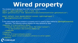 Wired property
The simplest way to call Apex from LWC is to use wired property.
import { LightningElement, wire } from 'lwc’;
import getContactList from '@salesforce/apex/ContactController.getContactList’;
export default class ApexWireMethod extends LightningElement {
@wire(getContactList) contacts;
}
In the code snippet above contacts is a property and it is wired to Apex method by @wire(getContactList)
decorator. The following markup displays the data retrieved by Apex
<template if:true={contacts.data}>
<template for:each={contacts.data} for:item="contact">
<p key={contact.Id}>{contact.Name}</p>
</template>
</template>
<template if:true={contacts.error}>
<c-error-panel errors={contacts.error}></c-error-panel>
</template>
 