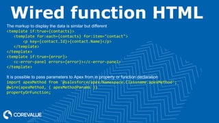 Wired function HTML
The markup to display the data is similar but different
<template if:true={contacts}>
<template for:each={contacts} for:item="contact">
<p key={contact.Id}>{contact.Name}</p>
</template>
</template>
<template if:true={error}>
<c-error-panel errors={error}></c-error-panel>
</template>
It is possible to pass parameters to Apex from in property or function declaration
import apexMethod from '@salesforce/apex/Namespace.Classname.apexMethod';
@wire(apexMethod, { apexMethodParams })
propertyOrFunction;
 