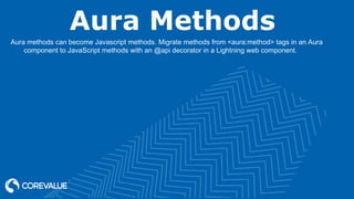 Aura Methods
Aura methods can become Javascript methods. Migrate methods from <aura:method> tags in an Aura
component to JavaScript methods with an @api decorator in a Lightning web component.
 