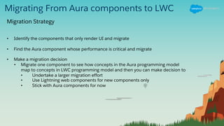 Migrating From Aura components to LWC
Migration Strategy
• Identify the components that only render UI and migrate
• Find the Aura component whose performance is critical and migrate
• Make a migration decision
• Migrate one component to see how concepts in the Aura programming model
map to concepts in LWC programming model and then you can make decision to
• Undertake a larger migration effort
• Use Lightning web components for new components only
• Stick with Aura components for now
 