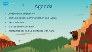 Agenda
● Component Composition
● Inter Component Communication and Events
● Lifecycle hooks
● Pub sub communication
● Interoperability and Co-existence with Aura
 